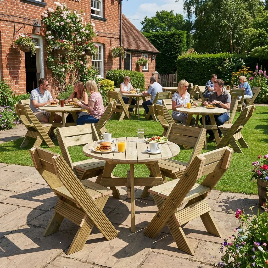 DeckFusion Wooden Rounded Picnic Table and Four Chairs Set - Image 3