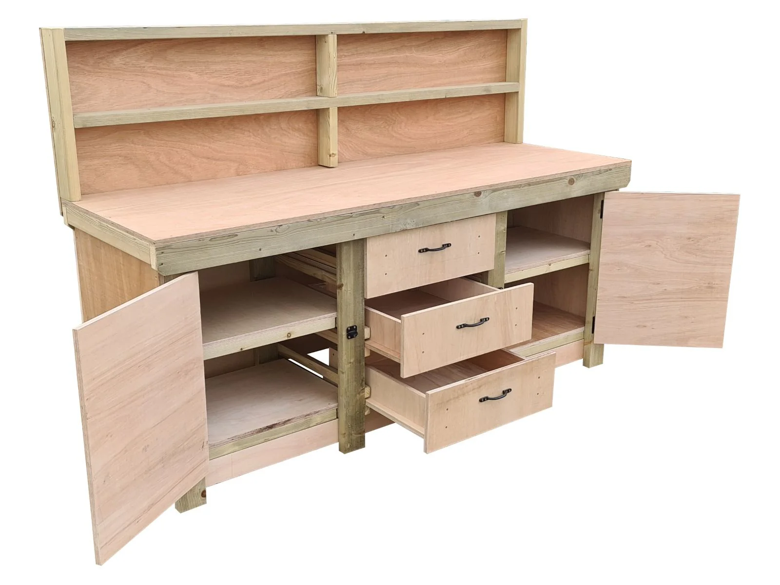 Eucalyptus top workbench with drawers and double lockable cupboard (V.8) with back panel & double shelf - Image 6