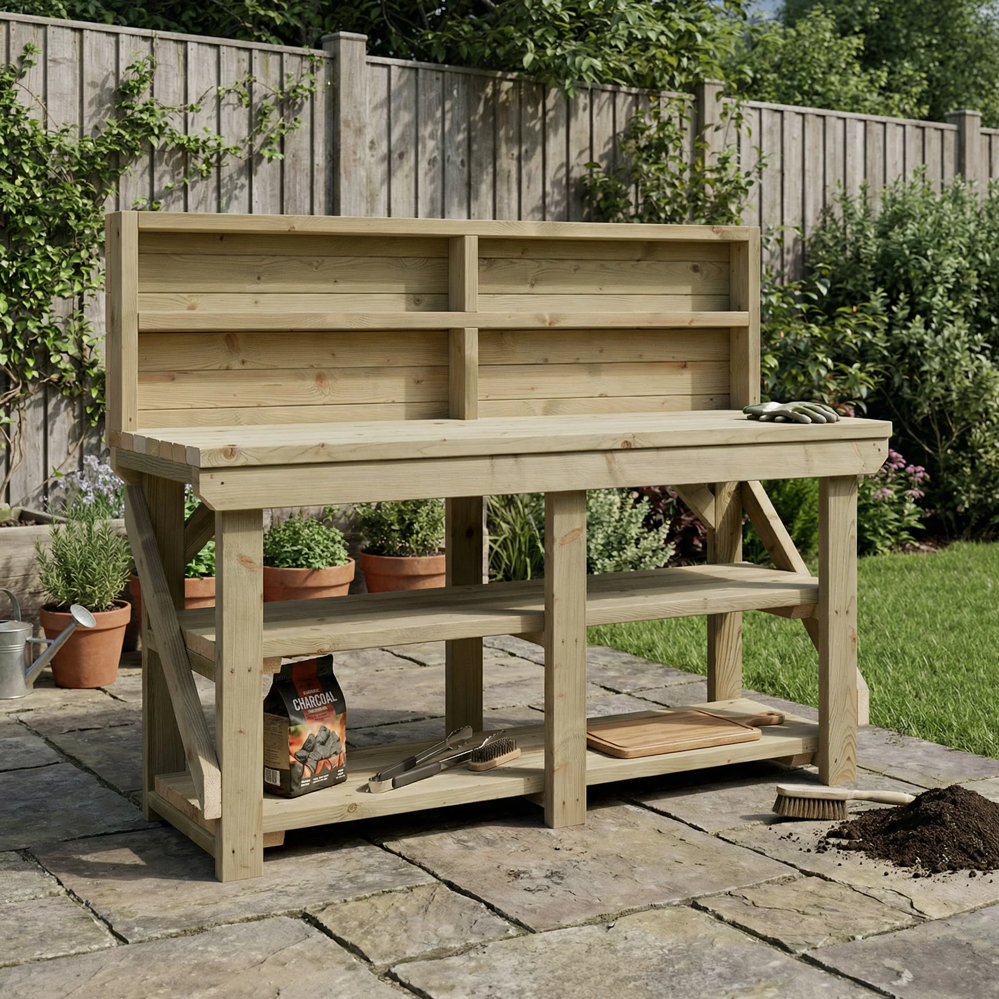 Indoor/outdoor workbench, pressure treated bench with back panel and double shelf - Image 3