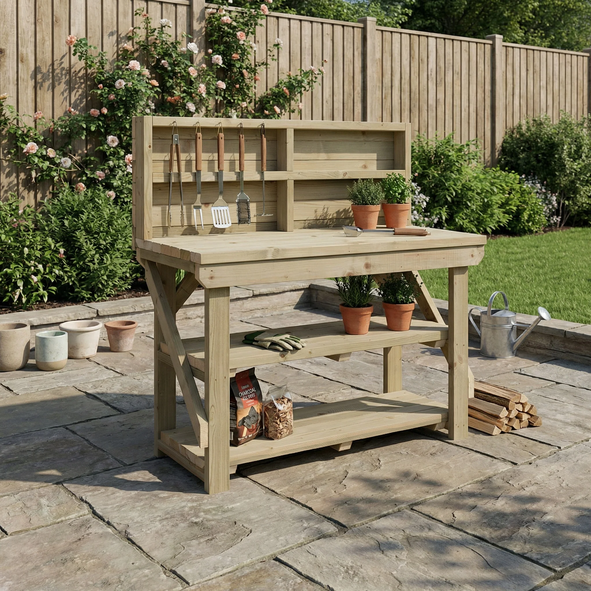Indoor/outdoor workbench, pressure treated bench with back panel and double shelf - Image 4