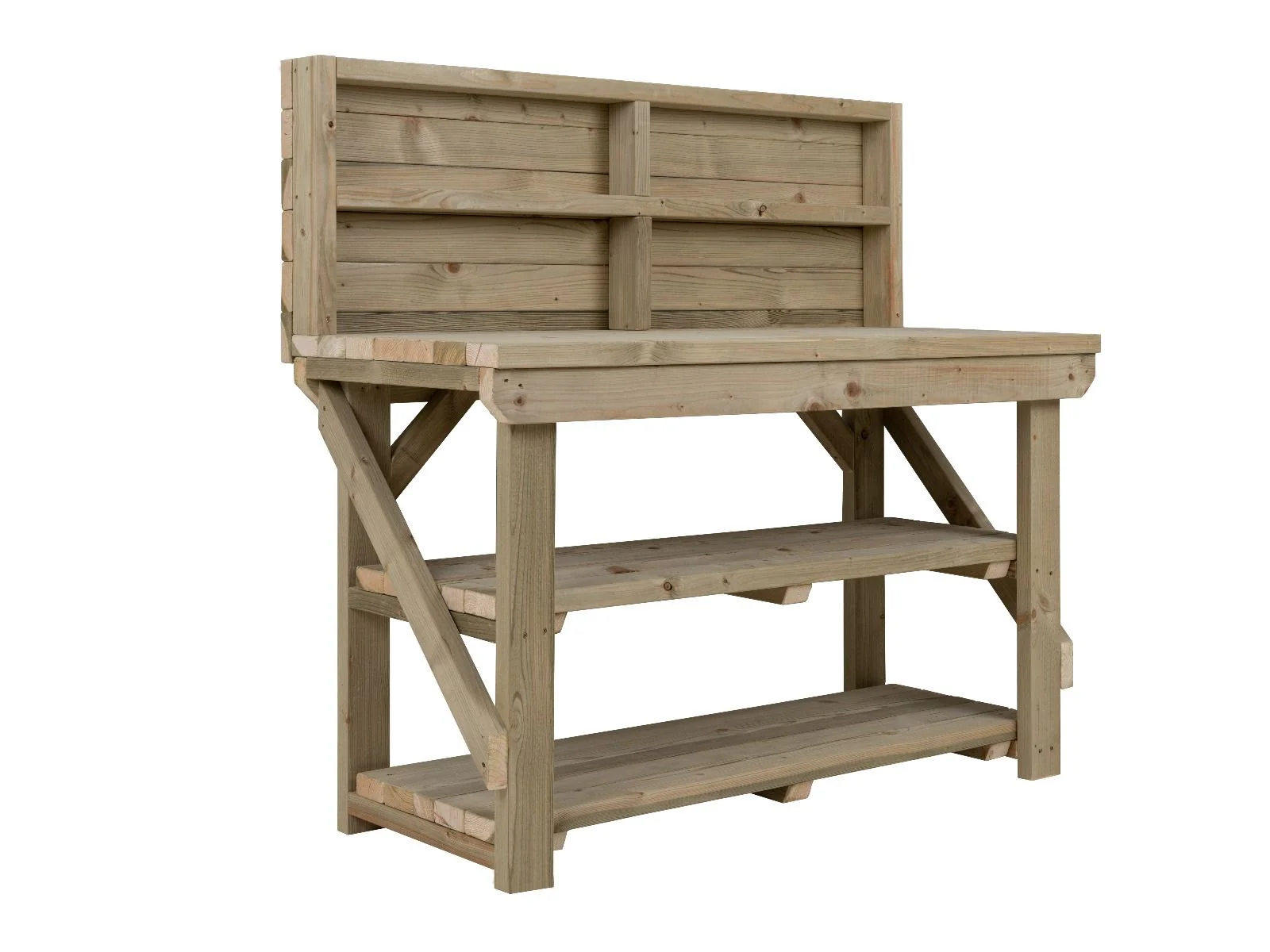 Indoor/outdoor workbench, pressure treated bench with back panel and double shelf - Image 5