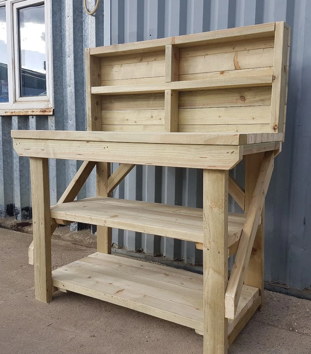 Indoor/outdoor workbench, pressure treated bench with back panel and double shelf - Image 8