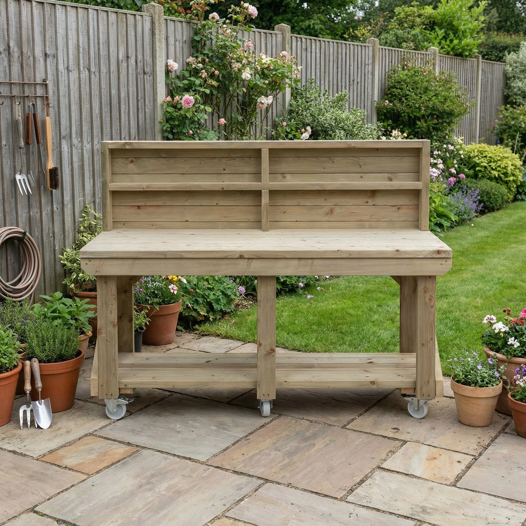 Indoor/outdoor workbench, pressure treated bench with back panel and wheels - Image 3