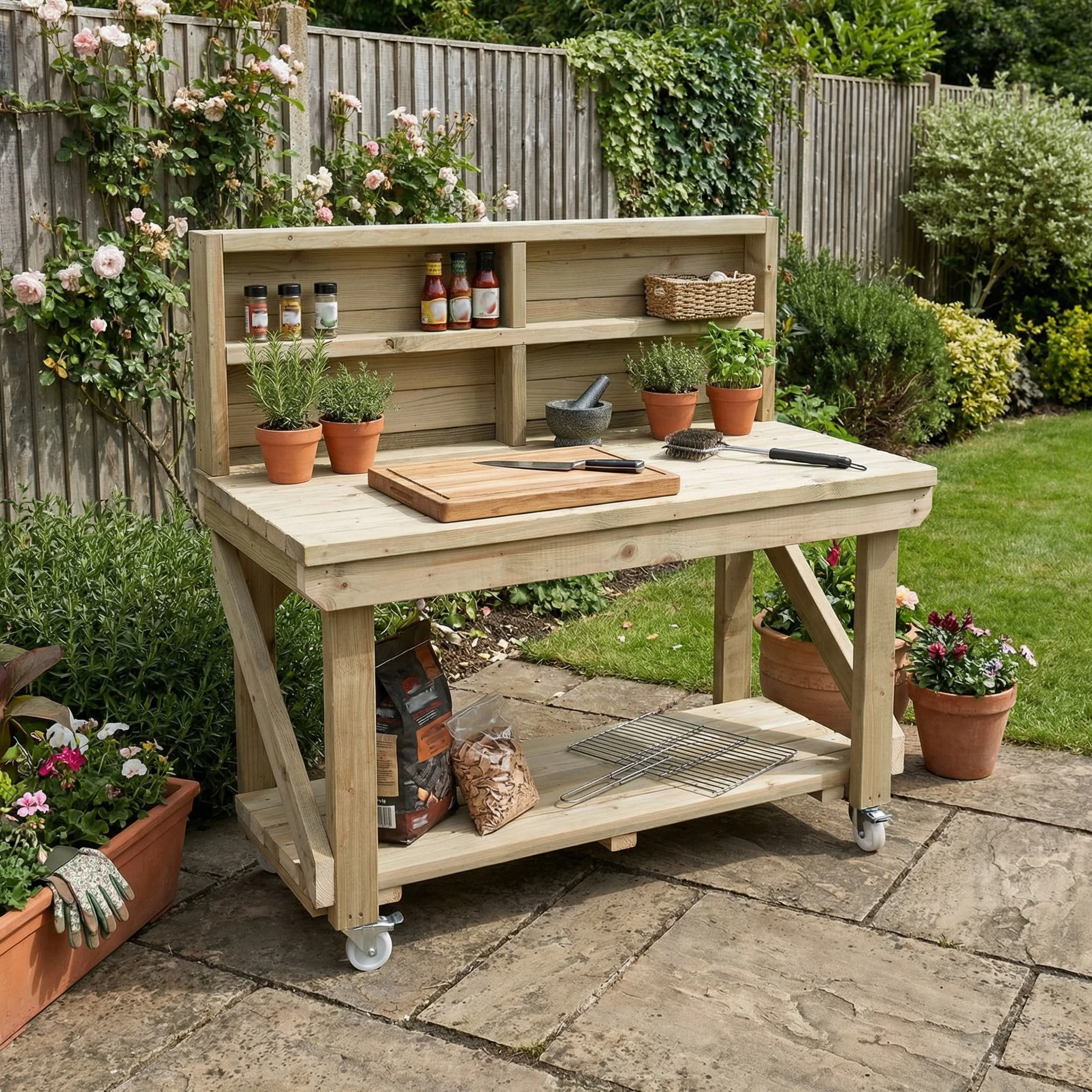 Indoor/outdoor workbench, pressure treated bench with back panel and wheels - Image 4