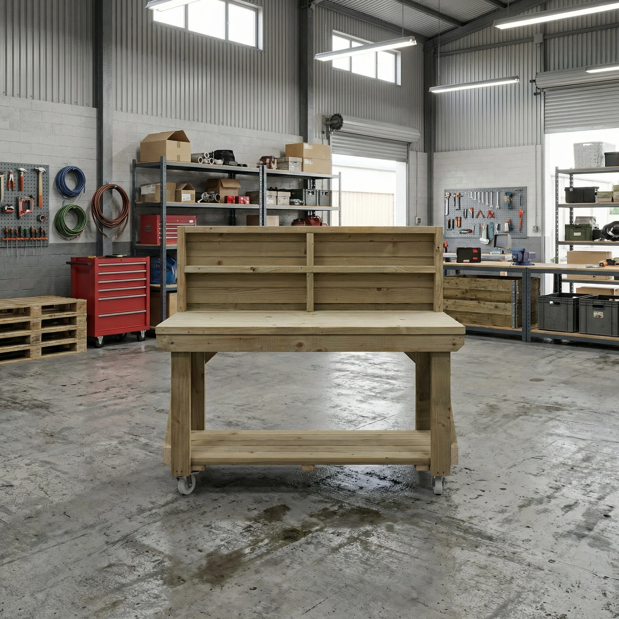 Indoor/outdoor workbench, pressure treated bench with back panel and wheels - Image 5