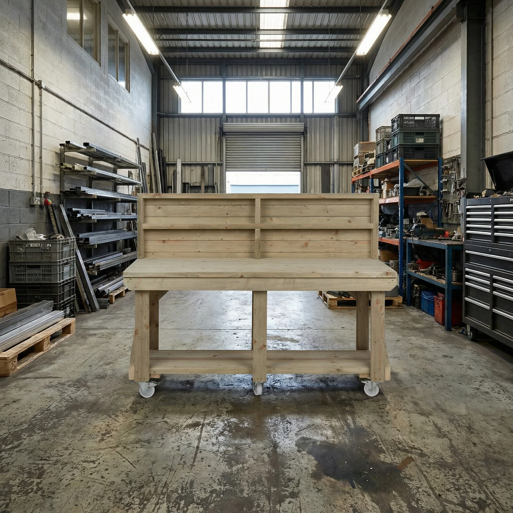 Indoor/outdoor workbench, pressure treated bench with back panel and wheels - Image 6