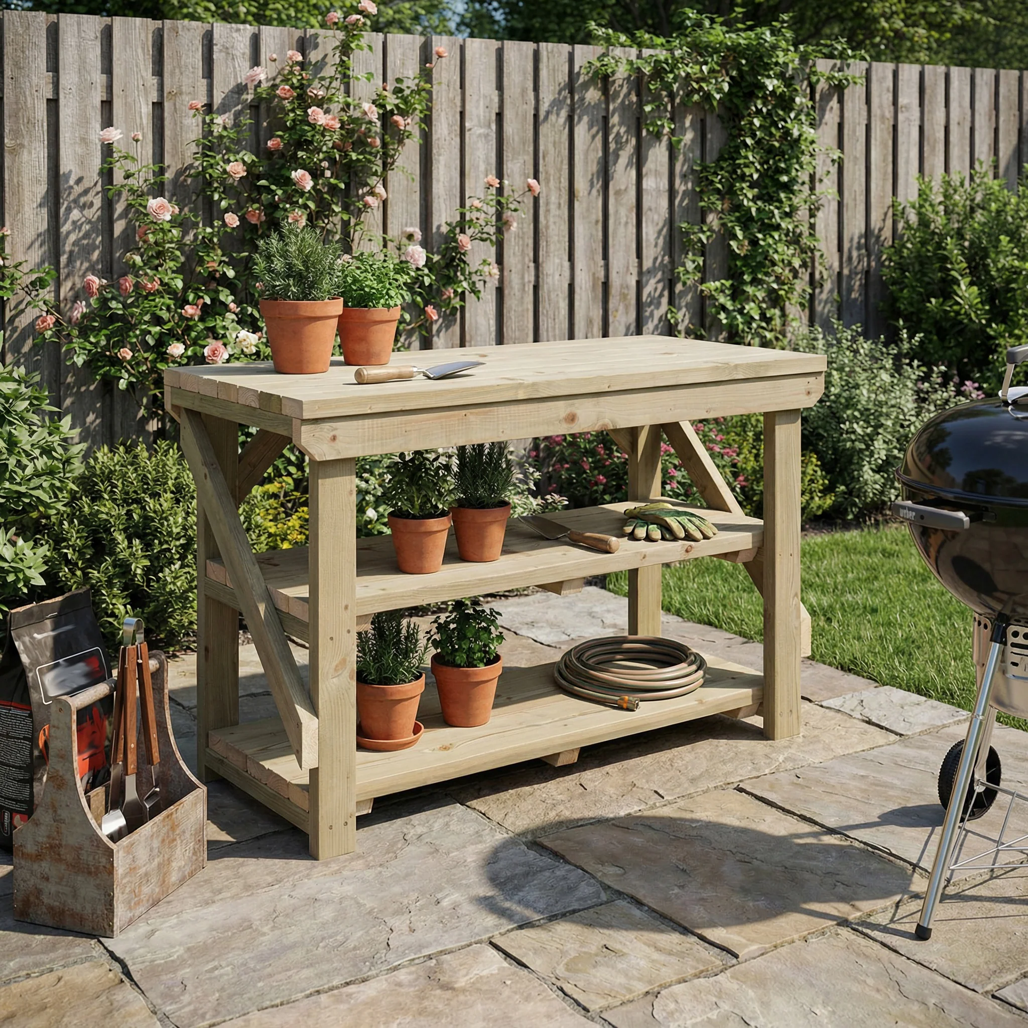 Indoor/outdoor workbench, pressure treated bench with double shelf - Image 4