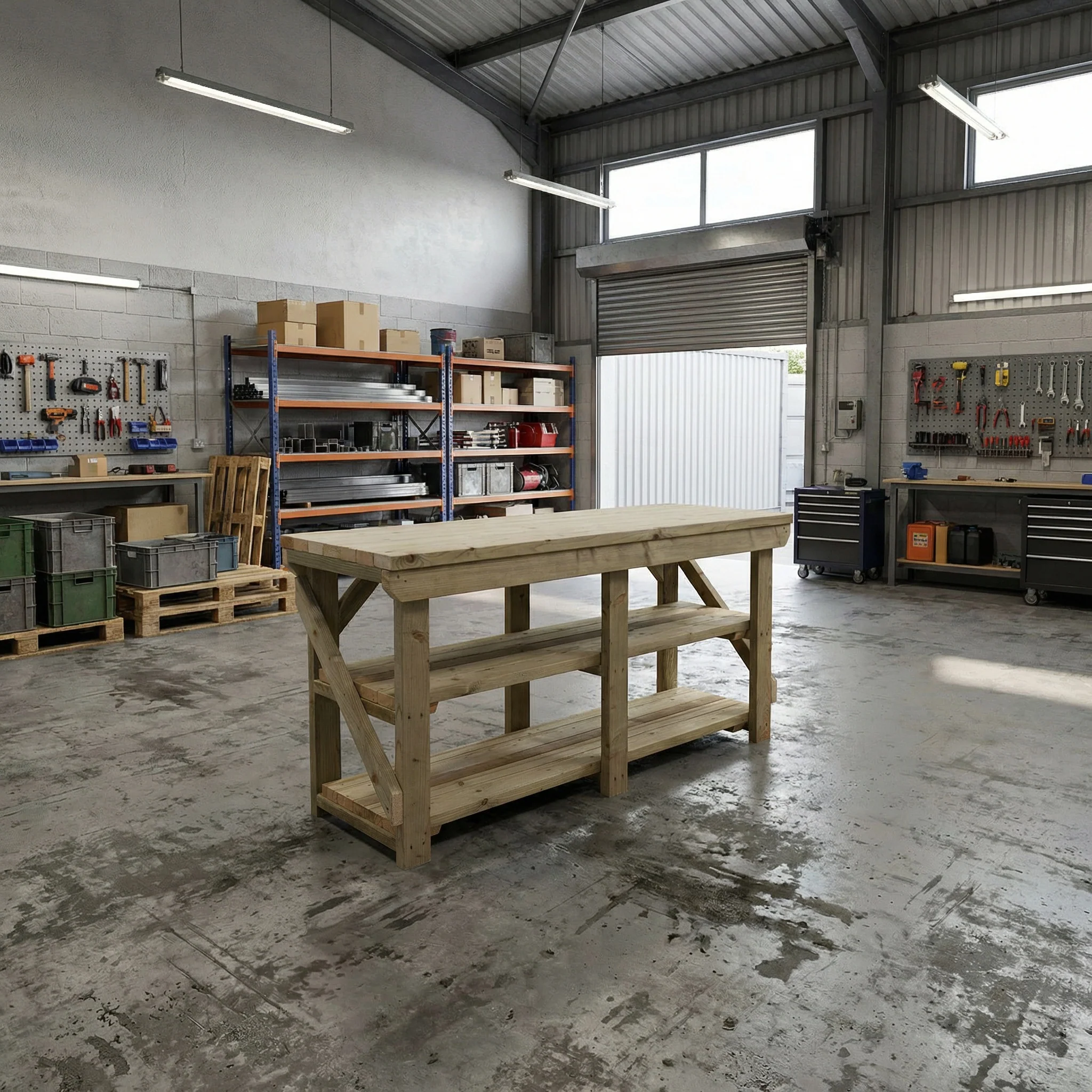 Indoor/outdoor workbench, pressure treated bench with double shelf - Image 6
