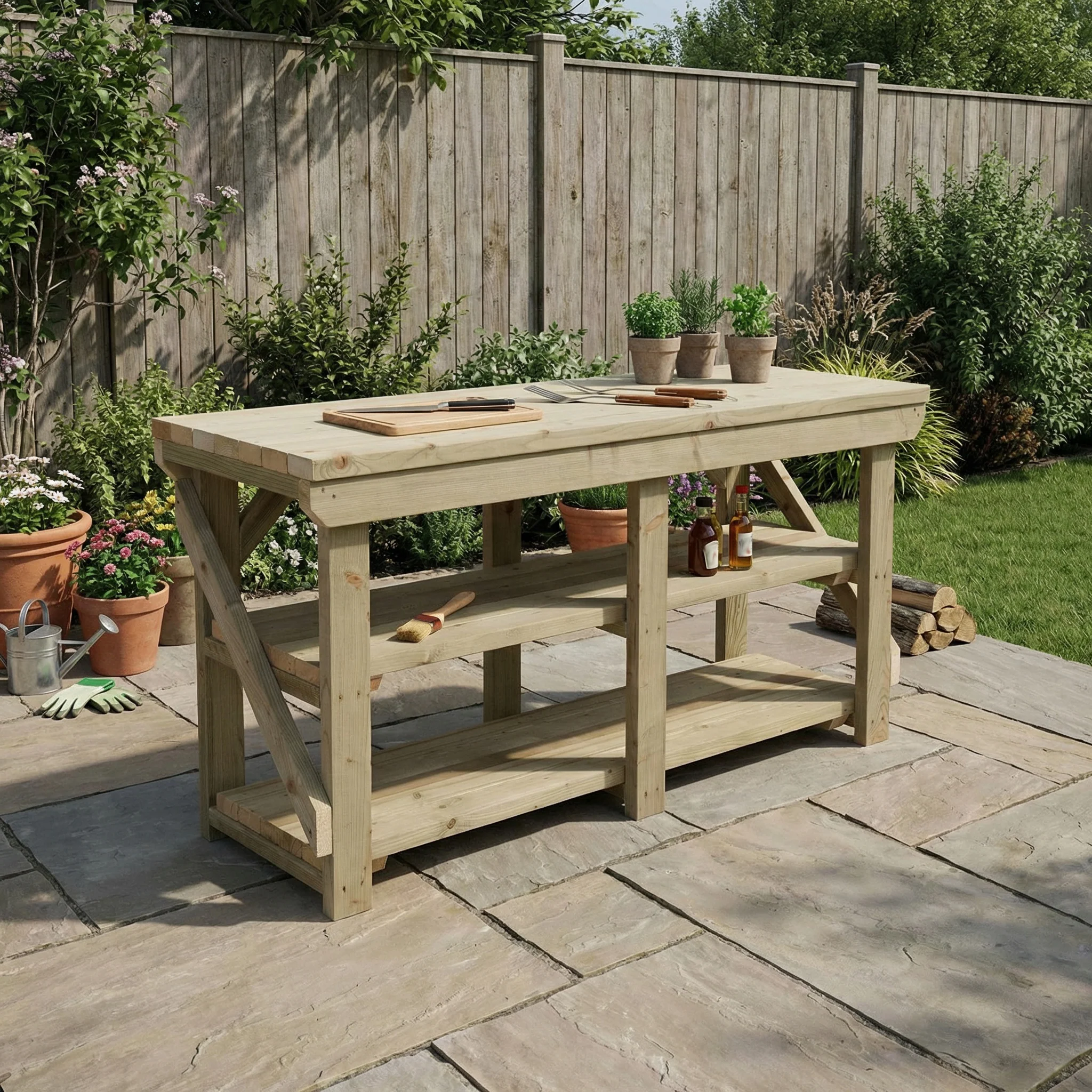 Indoor/outdoor workbench, pressure treated bench with double shelf - Image 7