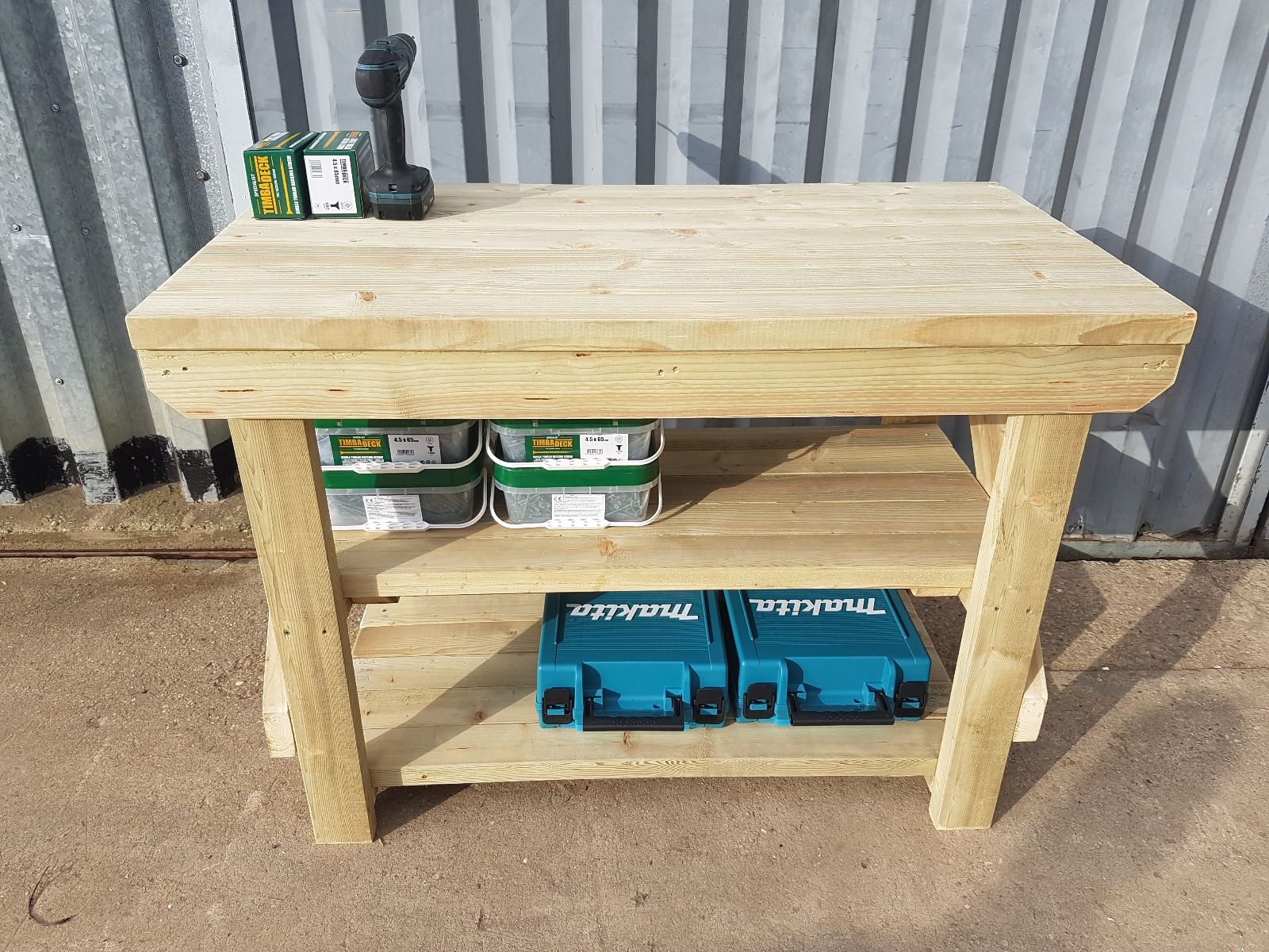 Indoor/outdoor workbench, pressure treated bench with double shelf - Image 8