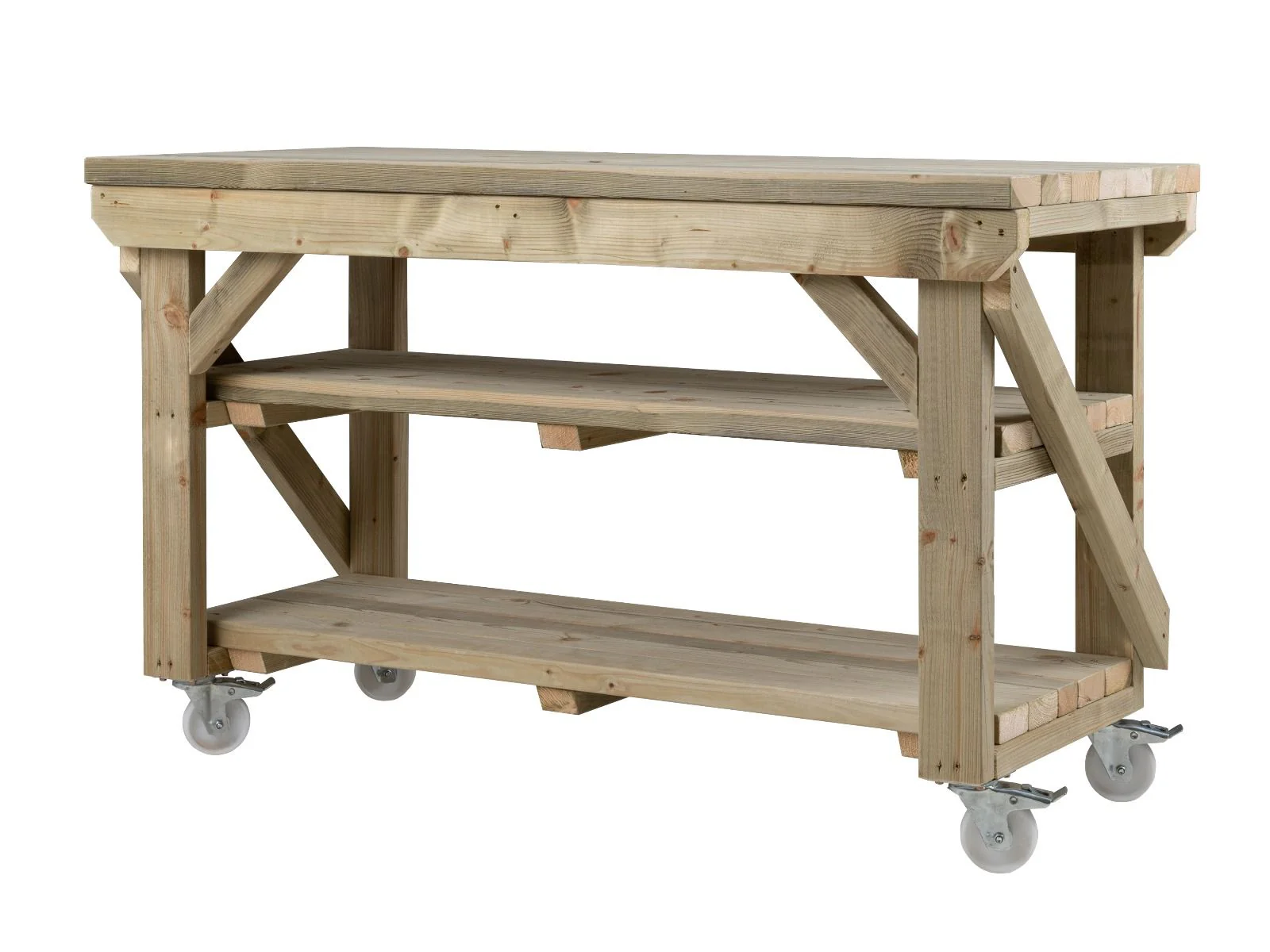 Indoor/outdoor workbench, pressure treated bench with double shelf and wheels - Image 8