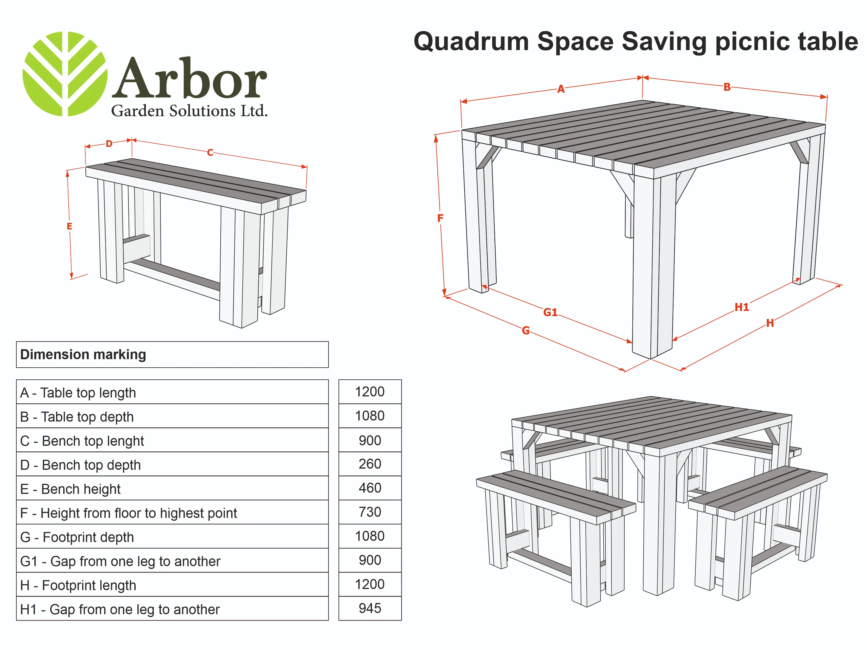 QUADRUM Picnic Table With 4 Benches - Image 2
