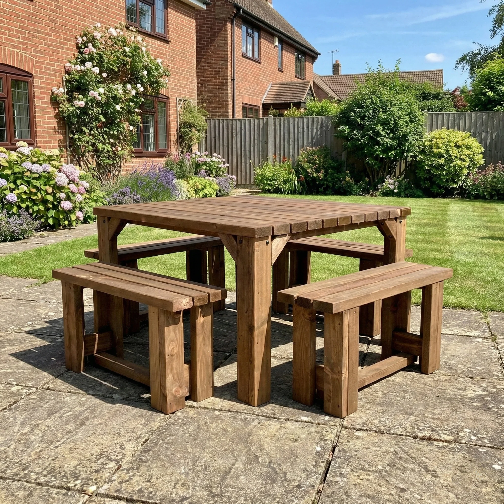 QUADRUM Picnic Table With 4 Benches - Rustic Finish - Image 3