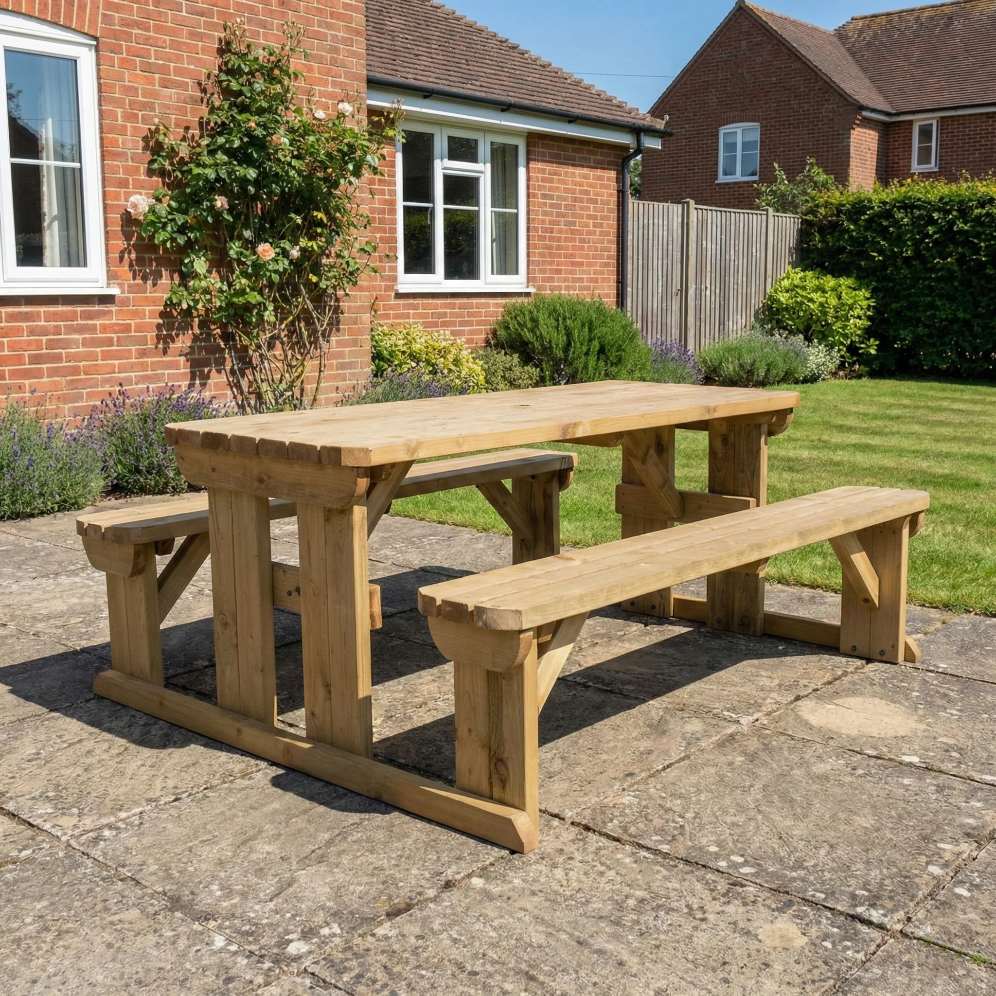 Abies Rounded Picnic Table and Benches Set - Rustic Finish - Image 5