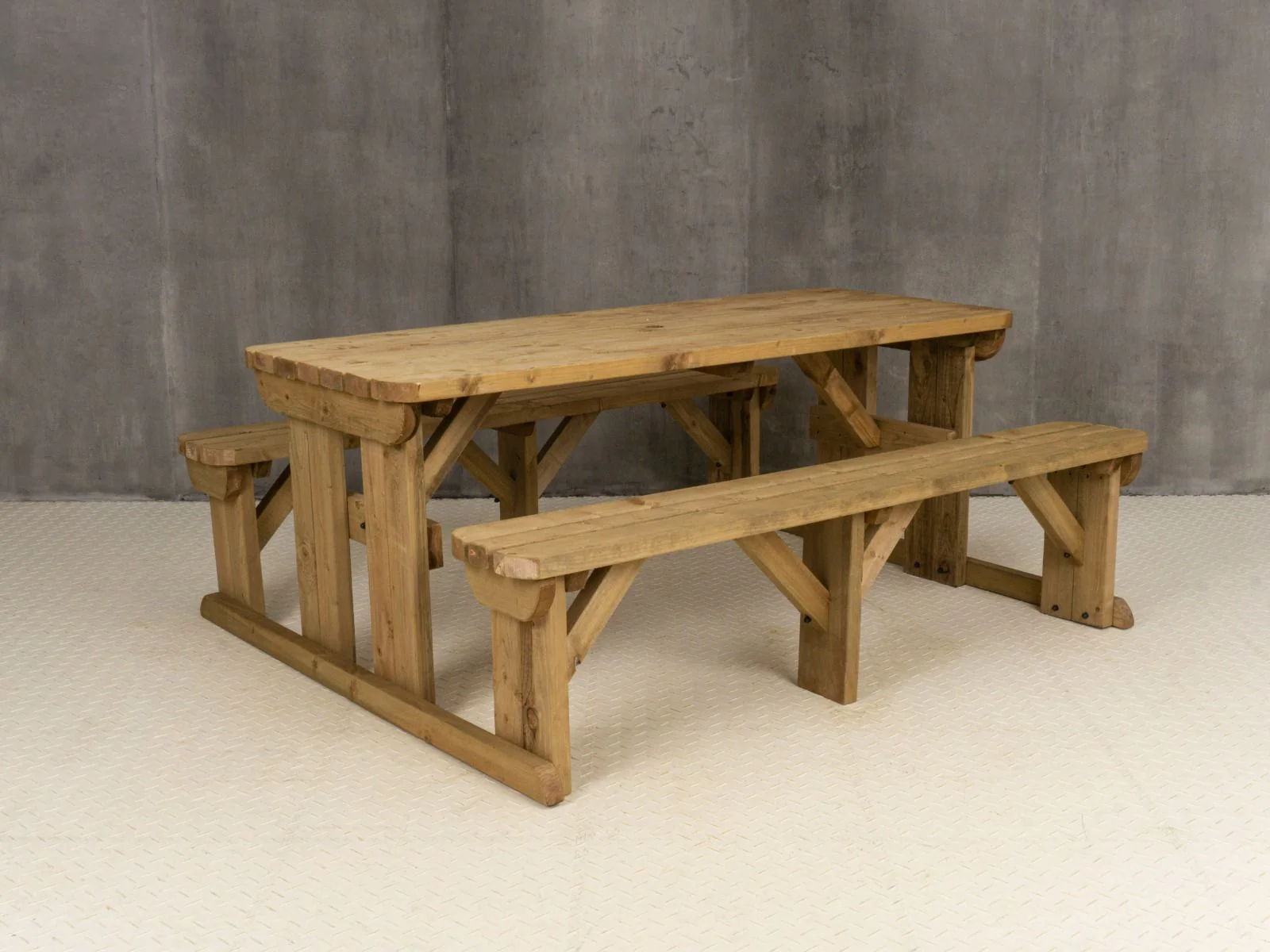 Abies Rounded Picnic Table and Benches Set - Rustic Finish - Image 9