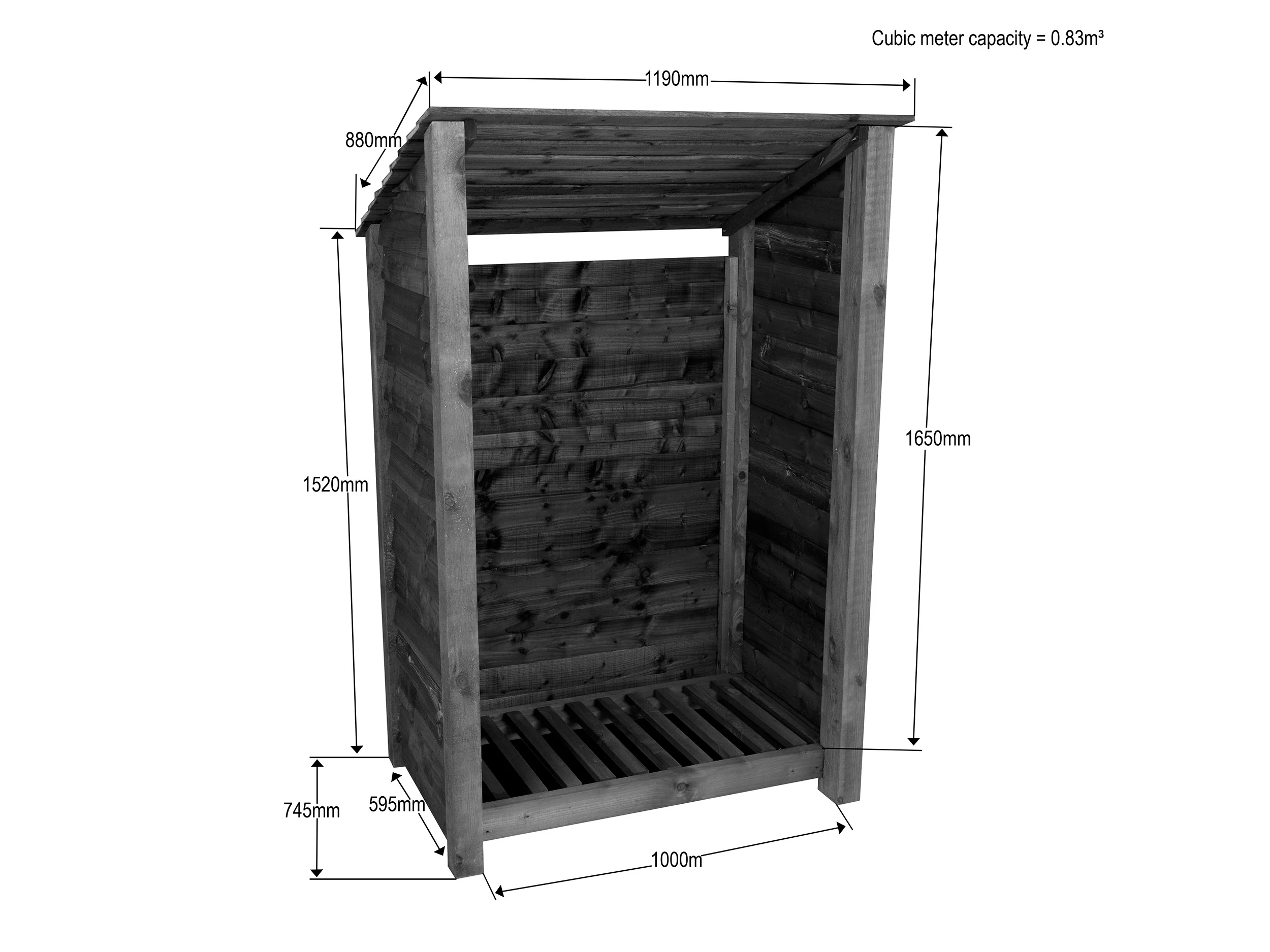 Wooden Log Store (Roof Sloping Back) W-119cm, H-126cm or 180cm, D-88cm - Brown Finish - Image 3