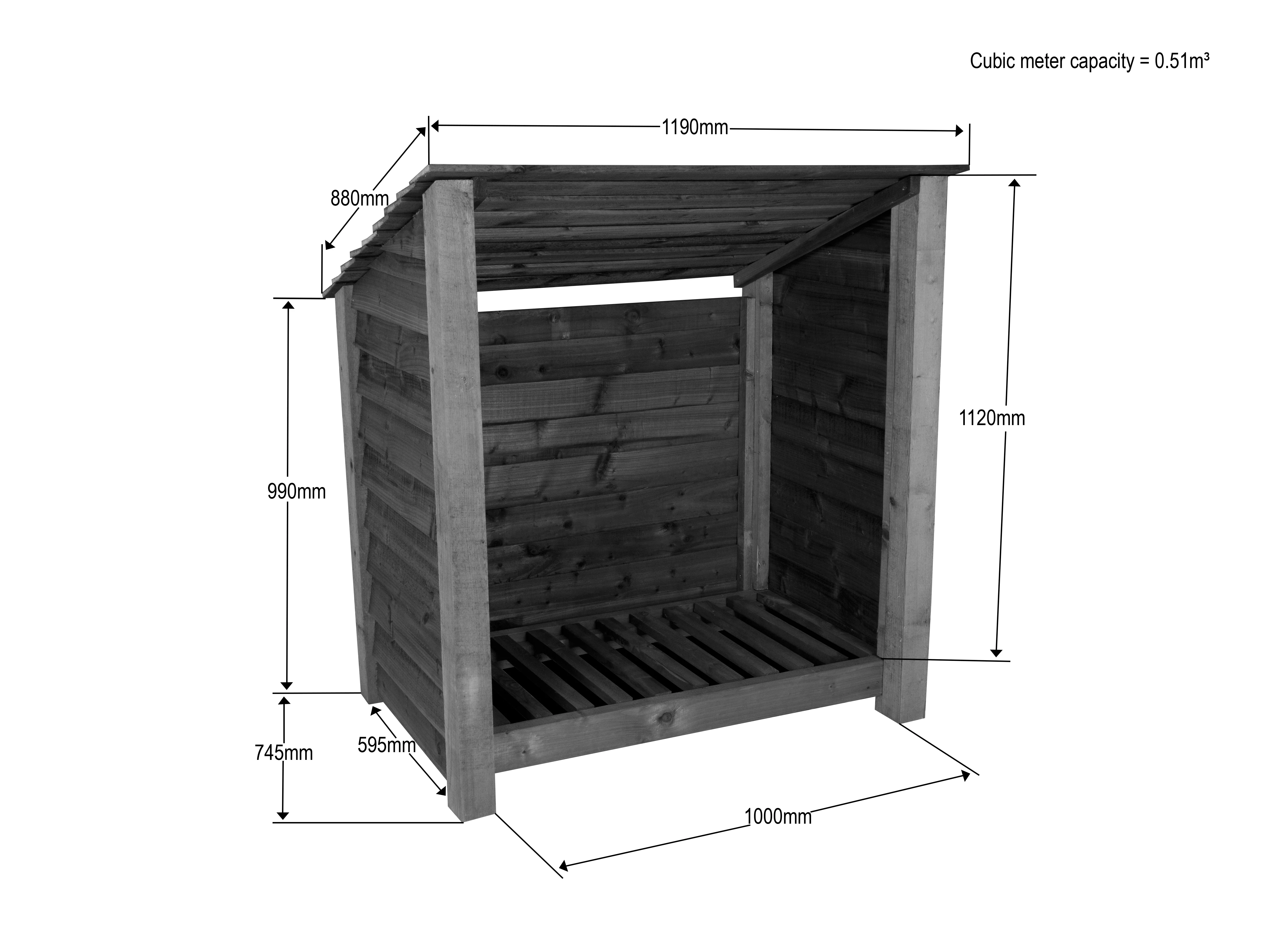 Wooden Log Store (Roof Sloping Back) W-119cm, H-126cm or 180cm, D-88cm - Brown Finish - Image 4