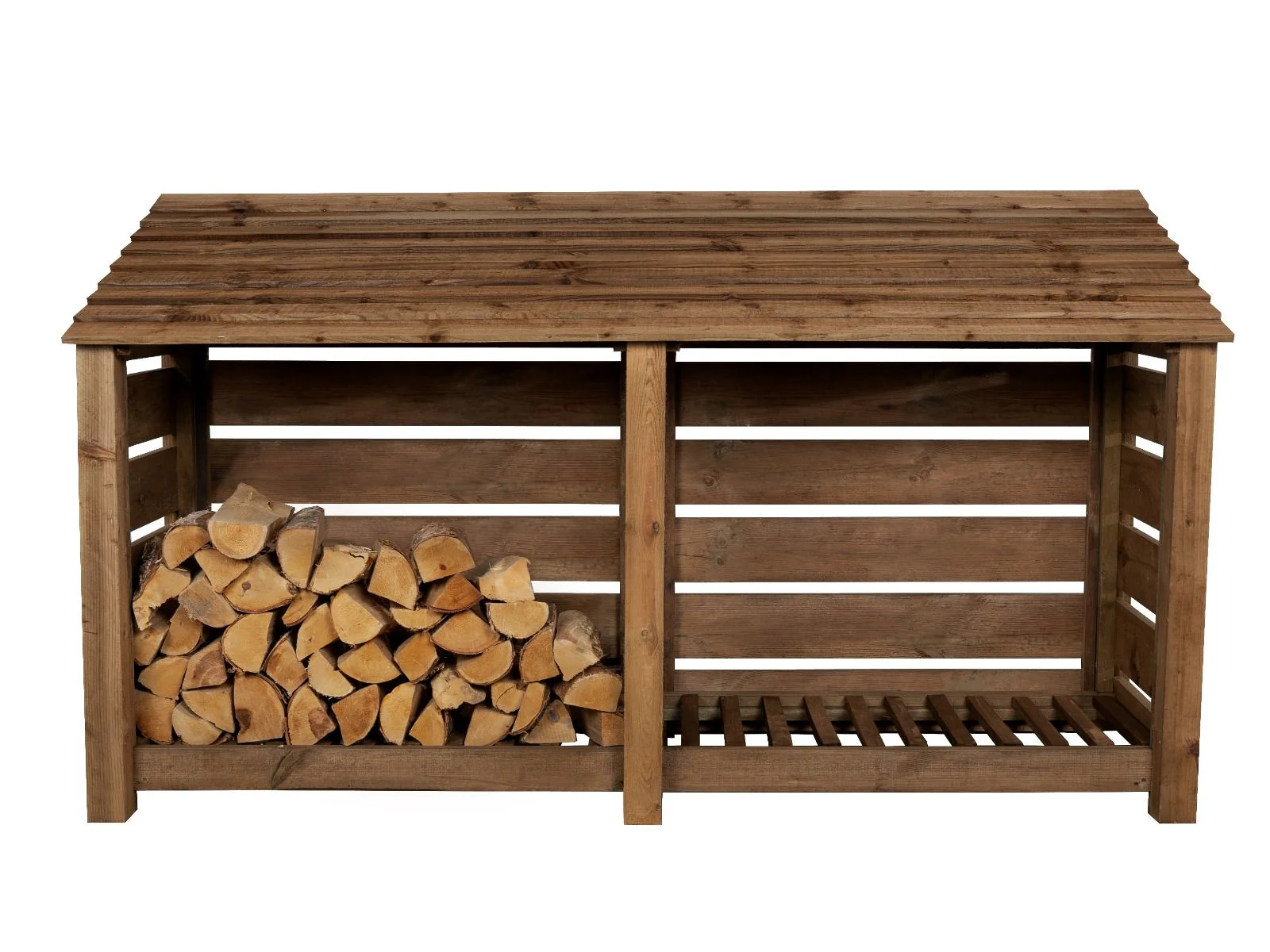 Slatted Wooden Log Store W-227cm, H-126cm or 180cm, D-88cm - Brown Finish - Image 4