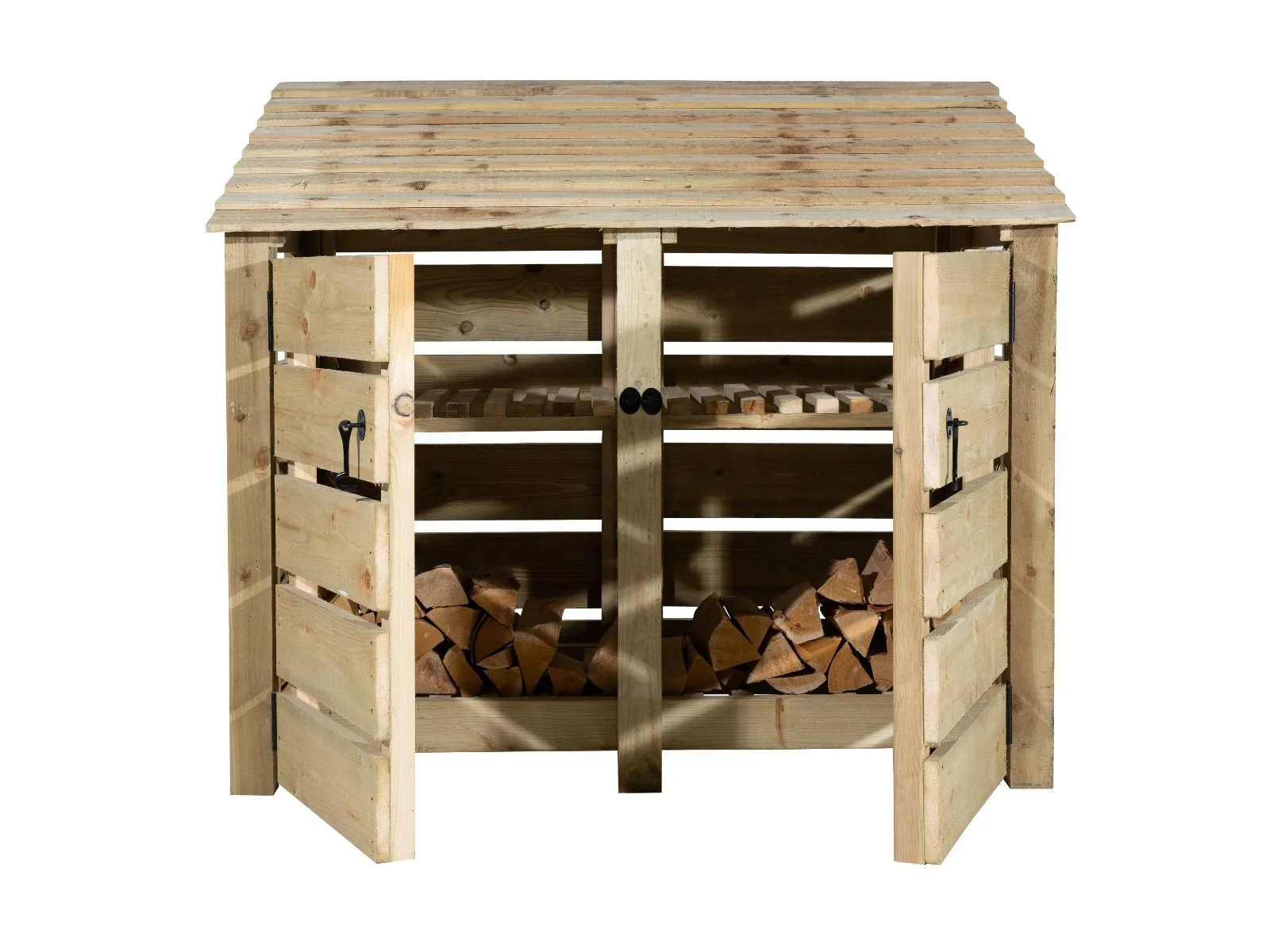 Slatted Wooden Log Store with Door and Shelf W-146cm, H-126cm or 180cm, D-88cm - Image 5
