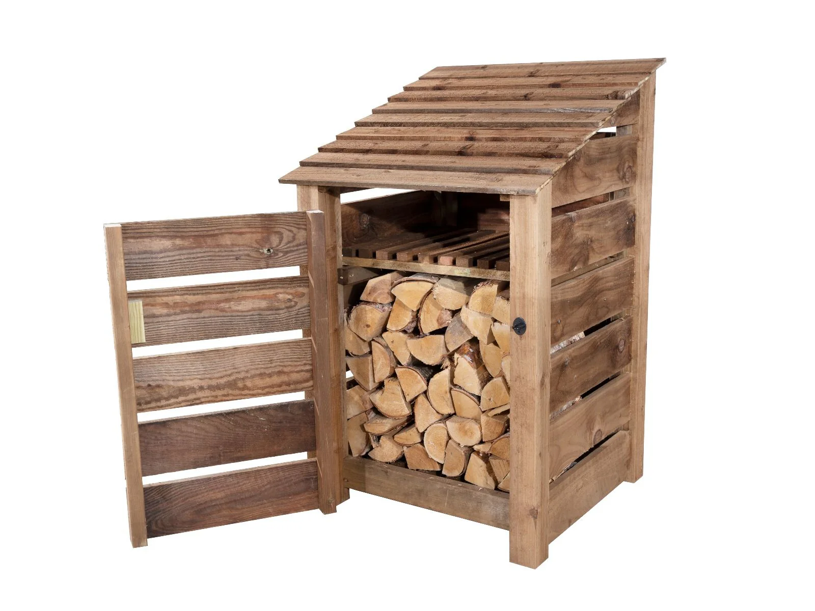 Slatted Wooden Log Store With Door and Shelf W-79cm, H-126cm or 180cm, D-88cm - Brown Finish - Image 4