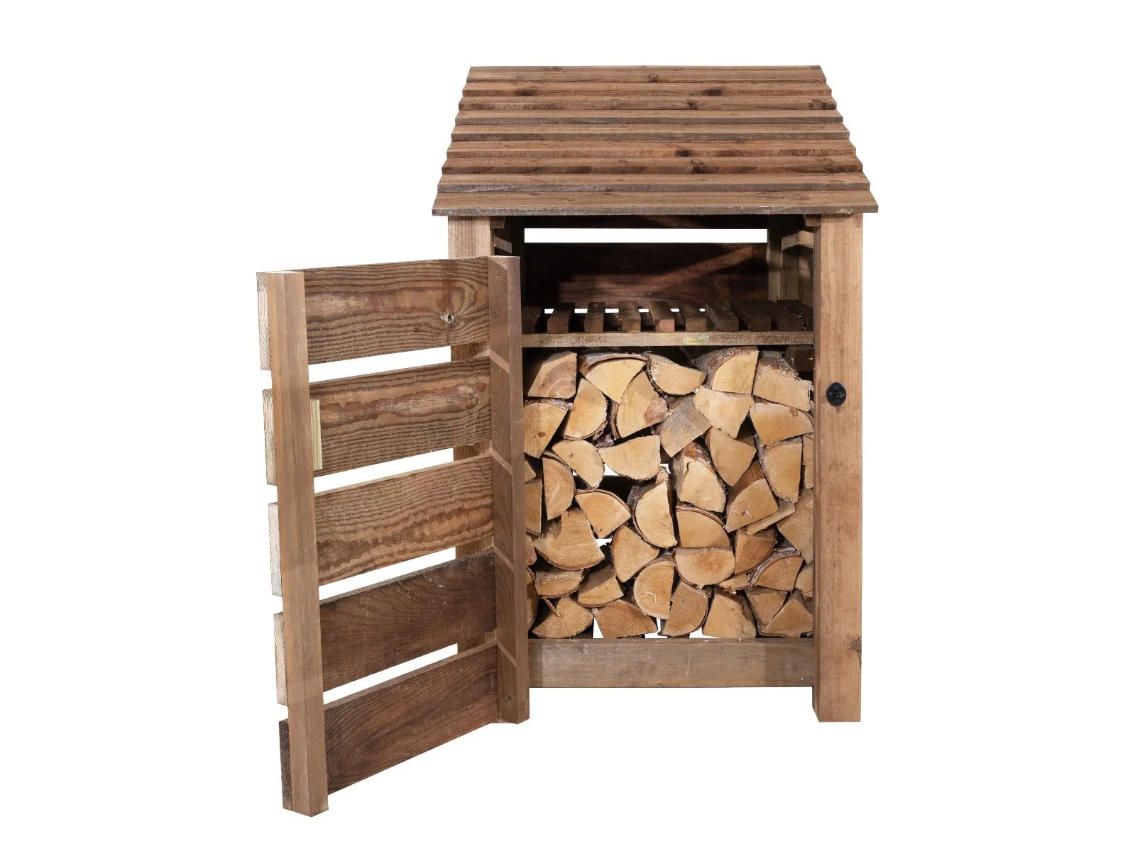 Slatted Wooden Log Store With Door and Shelf W-79cm, H-126cm or 180cm, D-88cm - Brown Finish - Image 7