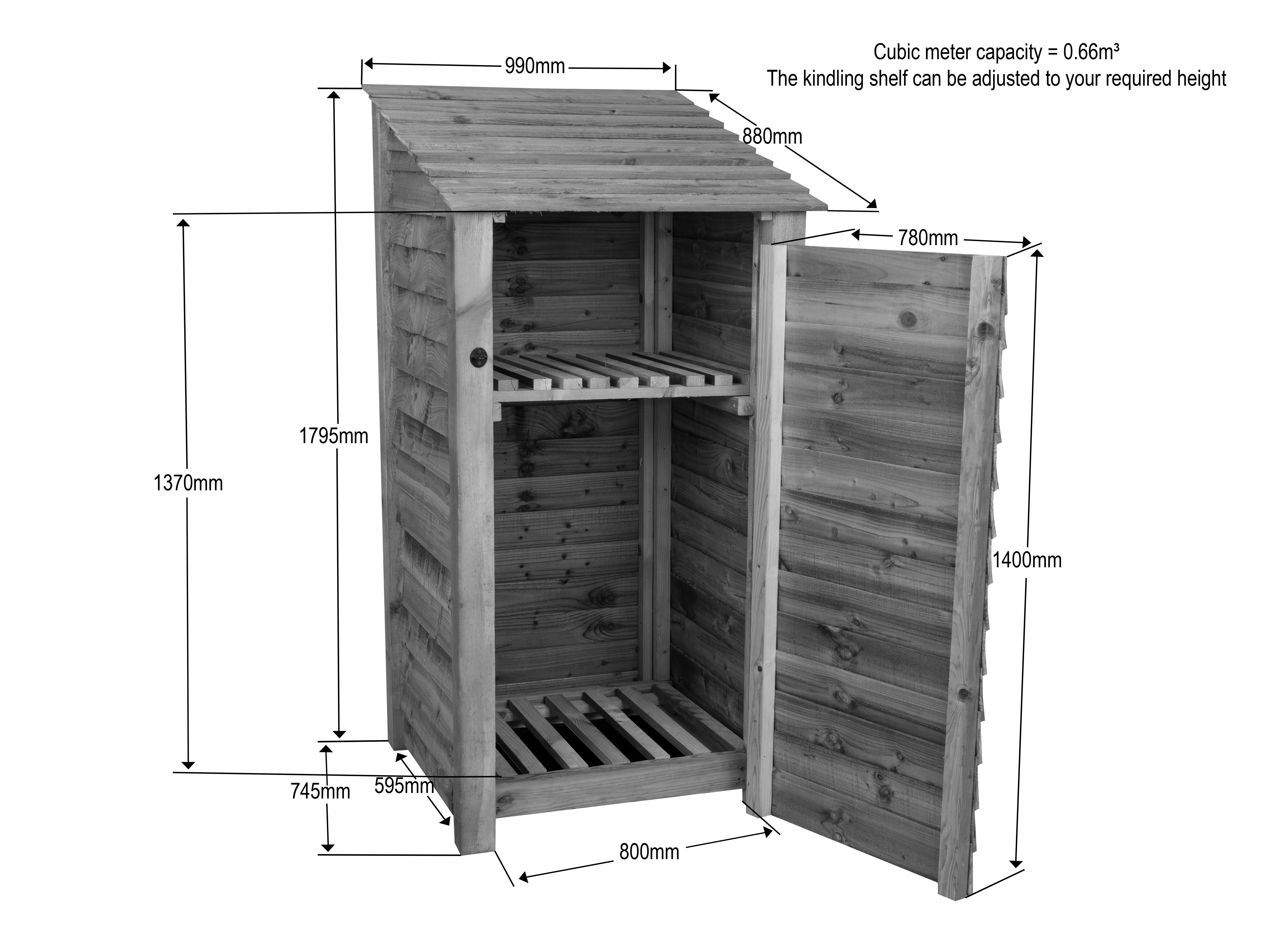 Slatted Wooden Log Store with Door and Shelf W-99cm, H-126cm or 180cm, D-88cm - Brown Finish - Image 10