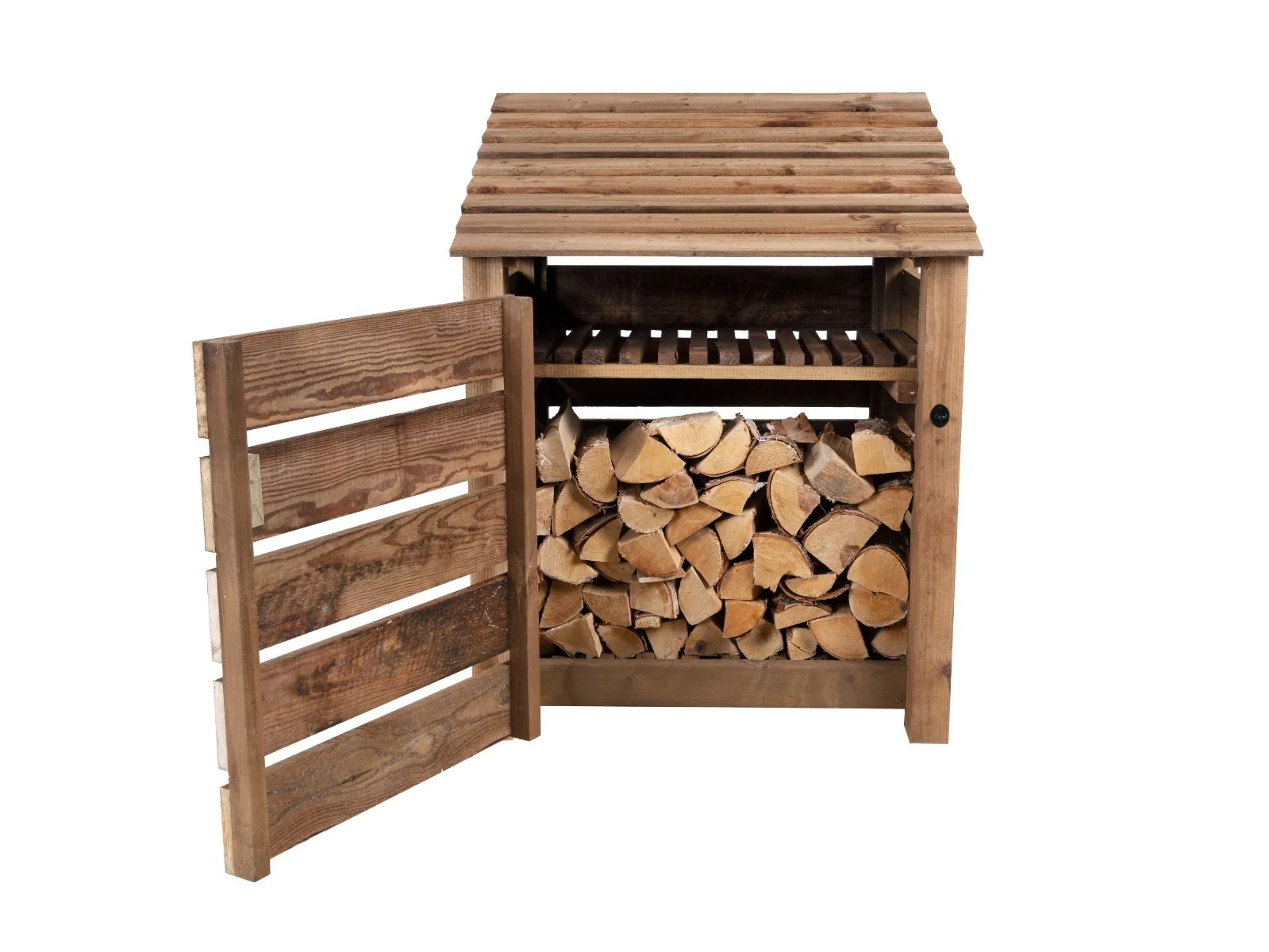 Slatted Wooden Log Store with Door and Shelf W-99cm, H-126cm or 180cm, D-88cm - Brown Finish - Image 8