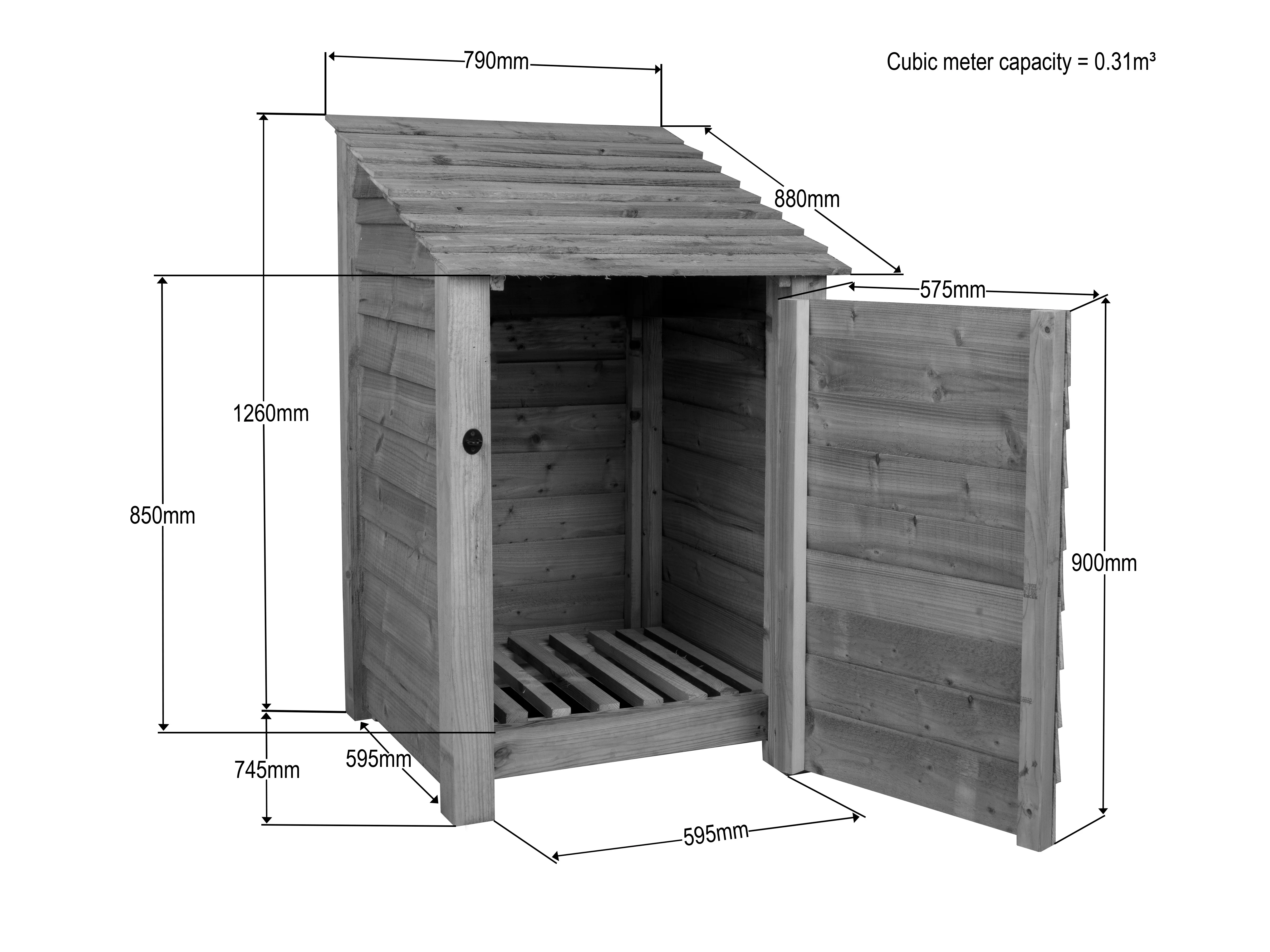 Slatted Wooden Log Store With Door W-79cm, H-126cm or 180cm, D-88cm - Brown Finish - Image 10