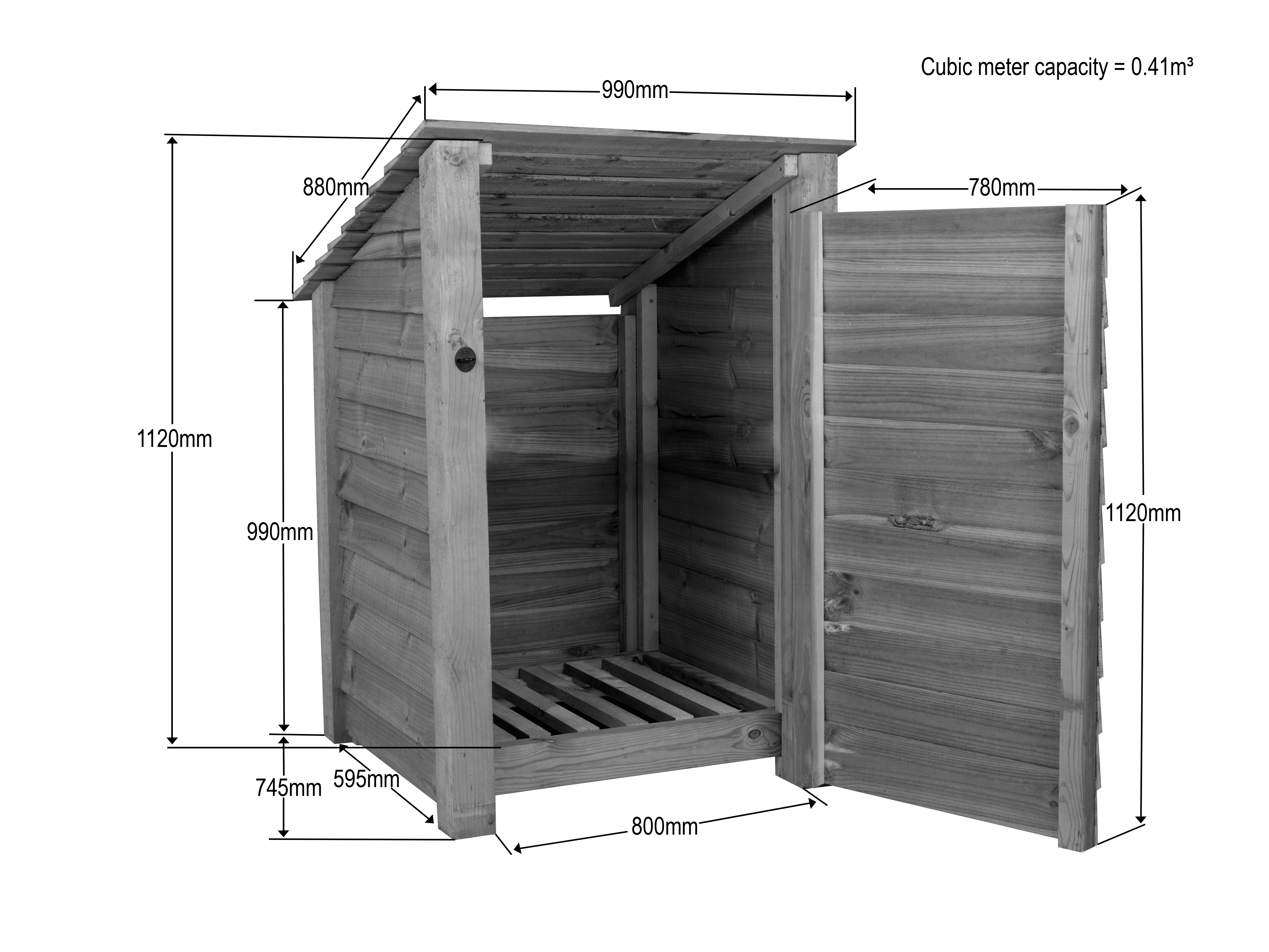 Slatted Wooden Log Store with Door W-99cm, H-126cm or 180cm, D-88cm - Brown Finish - Image 10