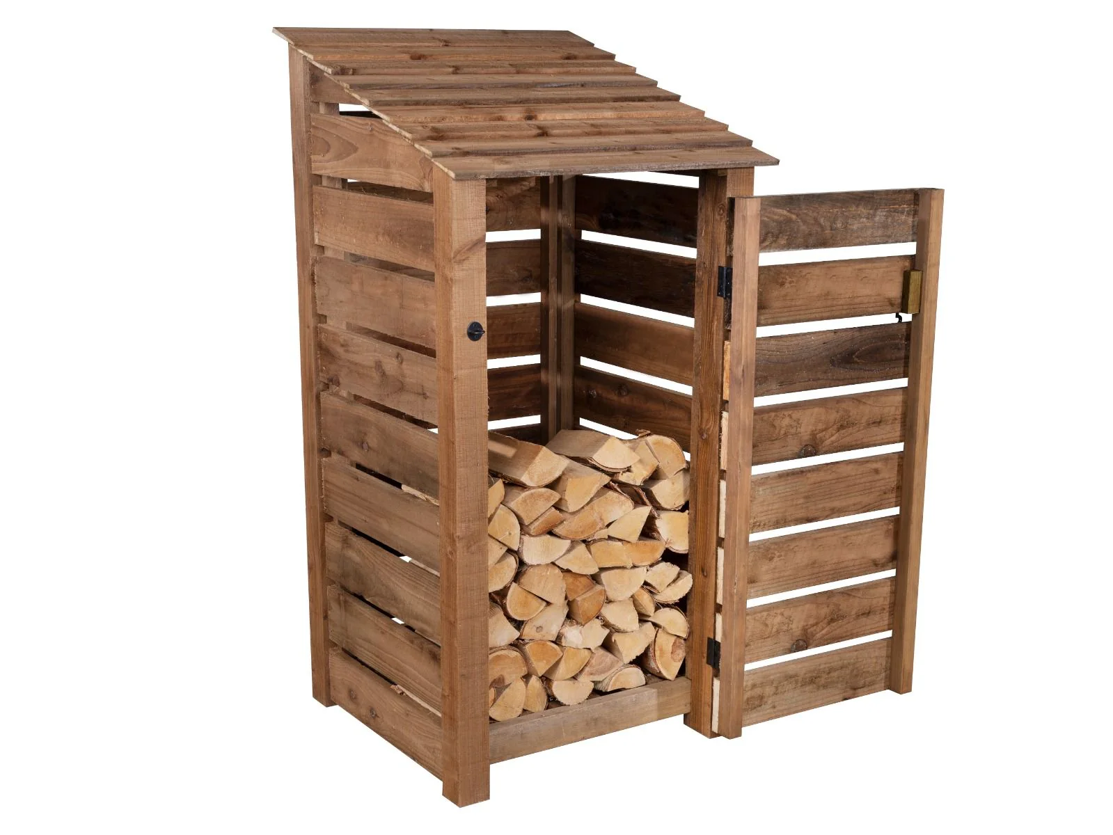 Slatted Wooden Log Store with Door W-99cm, H-126cm or 180cm, D-88cm - Brown Finish - Image 5