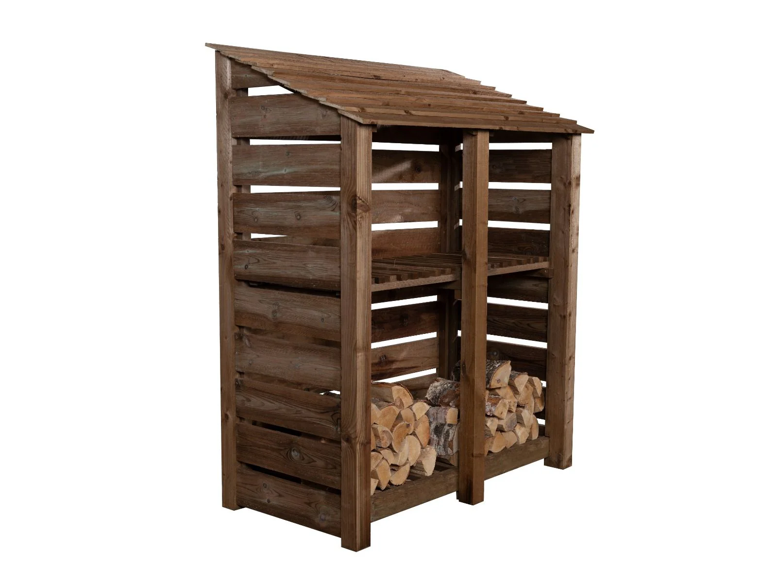 Slatted Wooden Log Store with Shelf W-146cm, H-126cm or 180cm, D-88cm - Brown Finish - Image 4