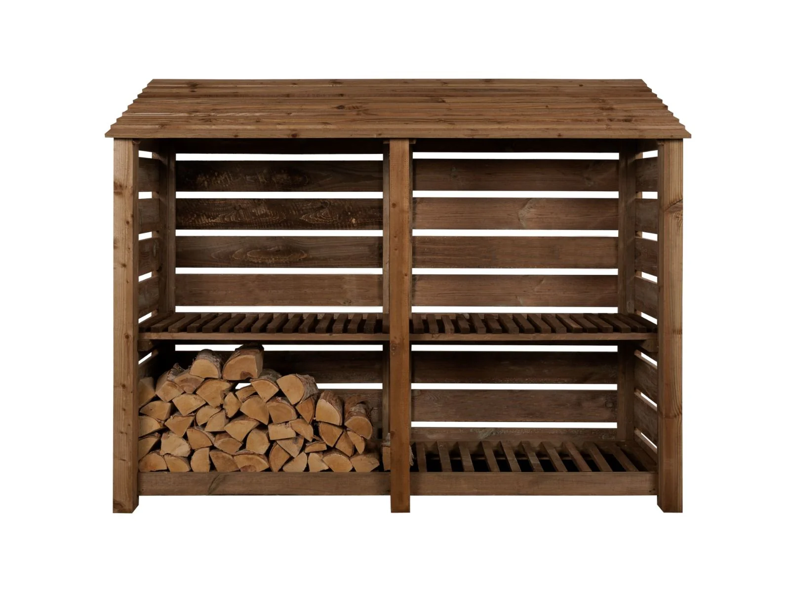 Slatted Wooden Log Store with Shelf W-227cm, H-126cm or 180cm, D-88cm - Brown Finish