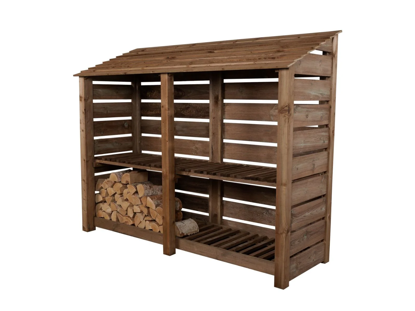 Slatted Wooden Log Store with Shelf W-227cm, H-126cm or 180cm, D-88cm - Brown Finish - Image 2