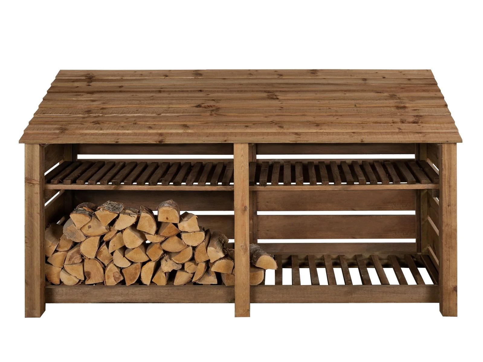 Slatted Wooden Log Store with Shelf W-227cm, H-126cm or 180cm, D-88cm - Brown Finish - Image 3