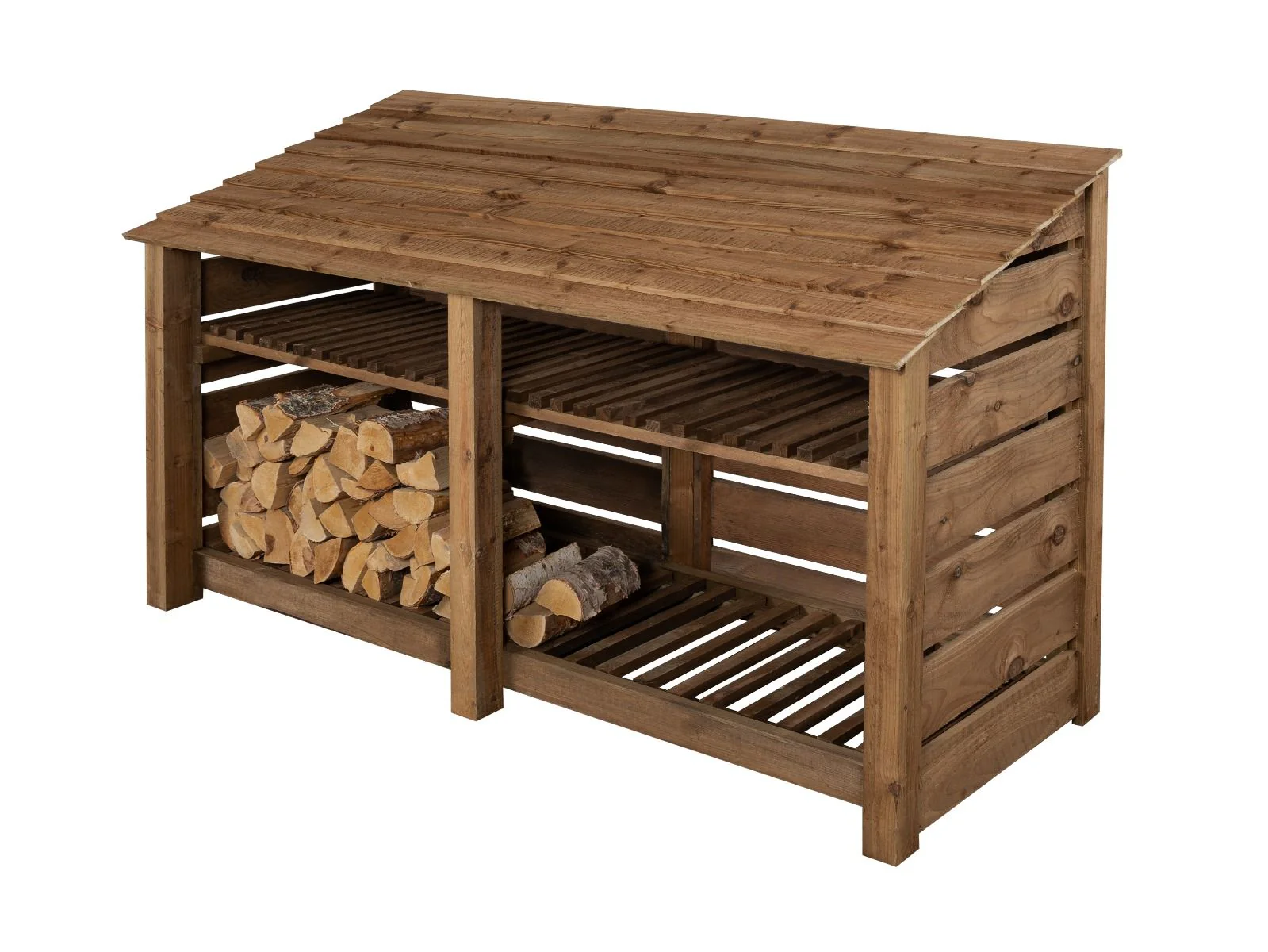 Slatted Wooden Log Store with Shelf W-227cm, H-126cm or 180cm, D-88cm - Brown Finish - Image 5