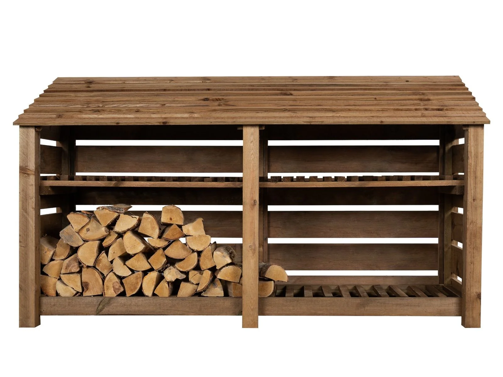Slatted Wooden Log Store with Shelf W-227cm, H-126cm or 180cm, D-88cm - Brown Finish - Image 6
