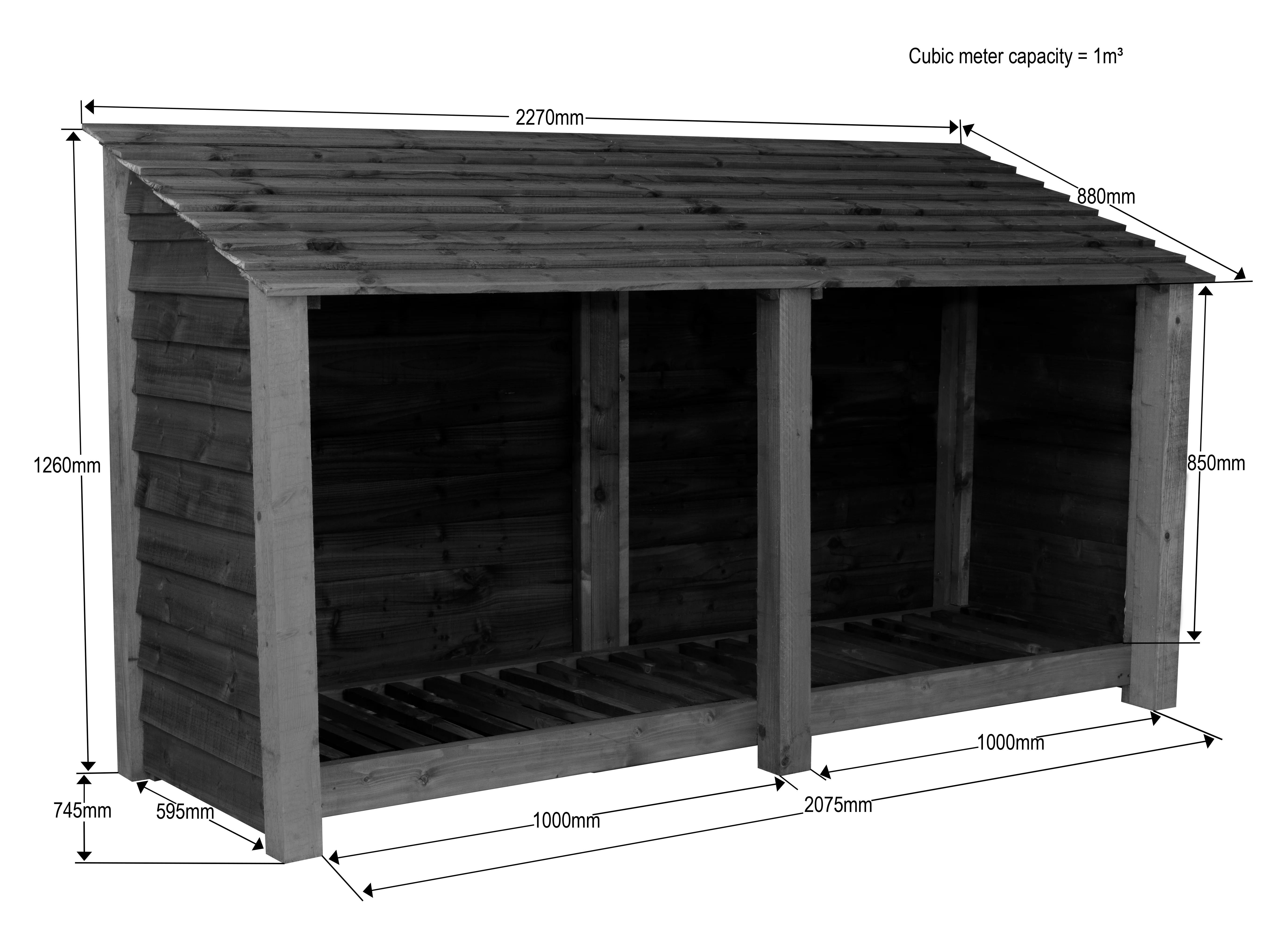 Slatted Wooden Log Store with Shelf W-227cm, H-126cm or 180cm, D-88cm - Brown Finish - Image 7