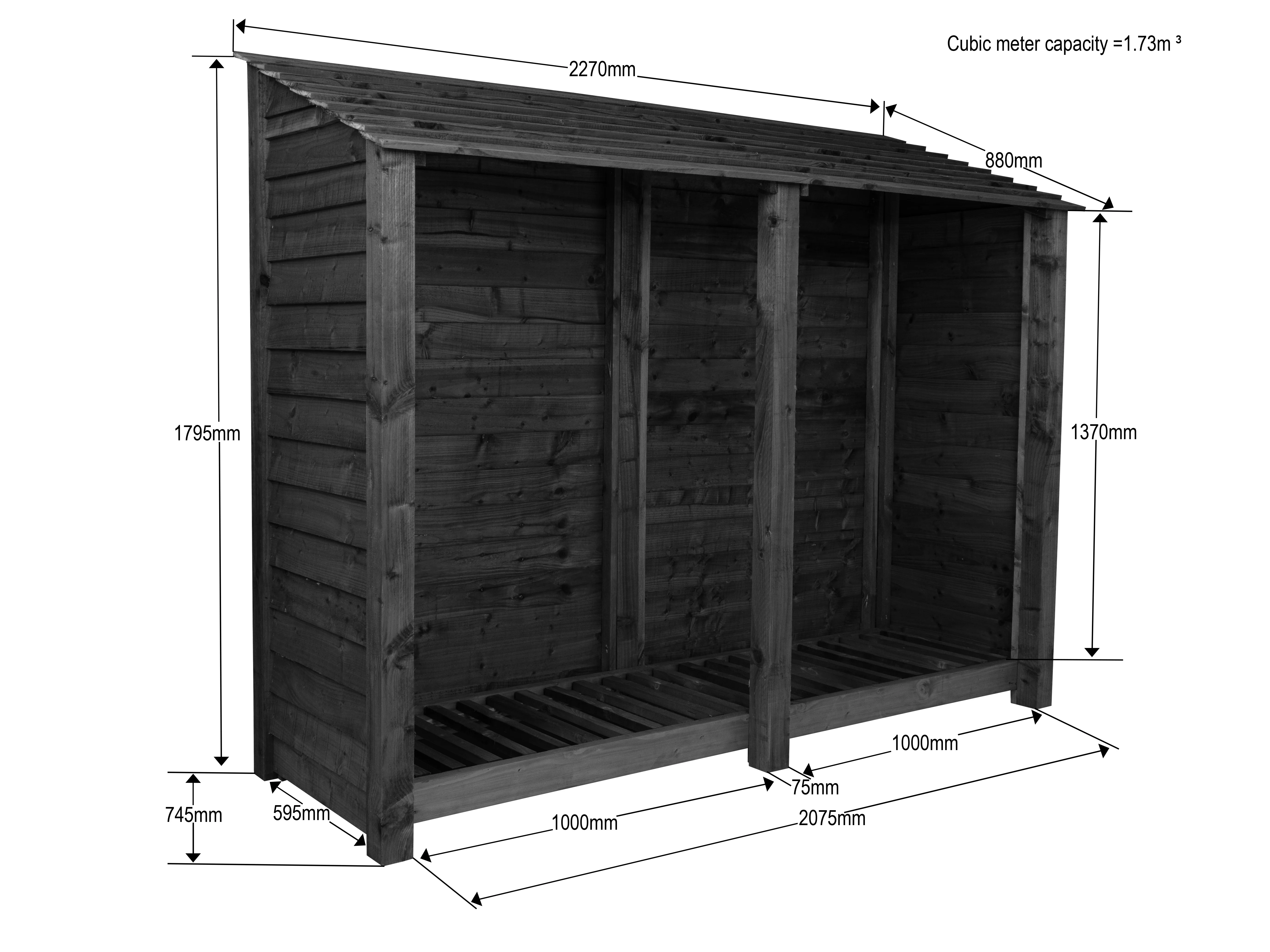 Slatted Wooden Log Store with Shelf W-227cm, H-126cm or 180cm, D-88cm - Brown Finish - Image 8