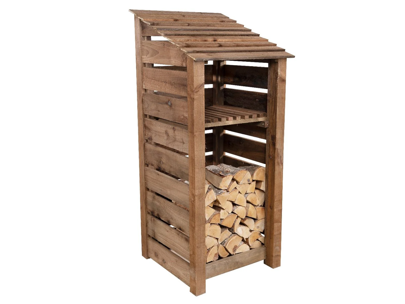 Slatted Wooden Log Store With Shelf W-79cm, H-126cm or 180cm, D-88cm - Brown Finish - Image 3