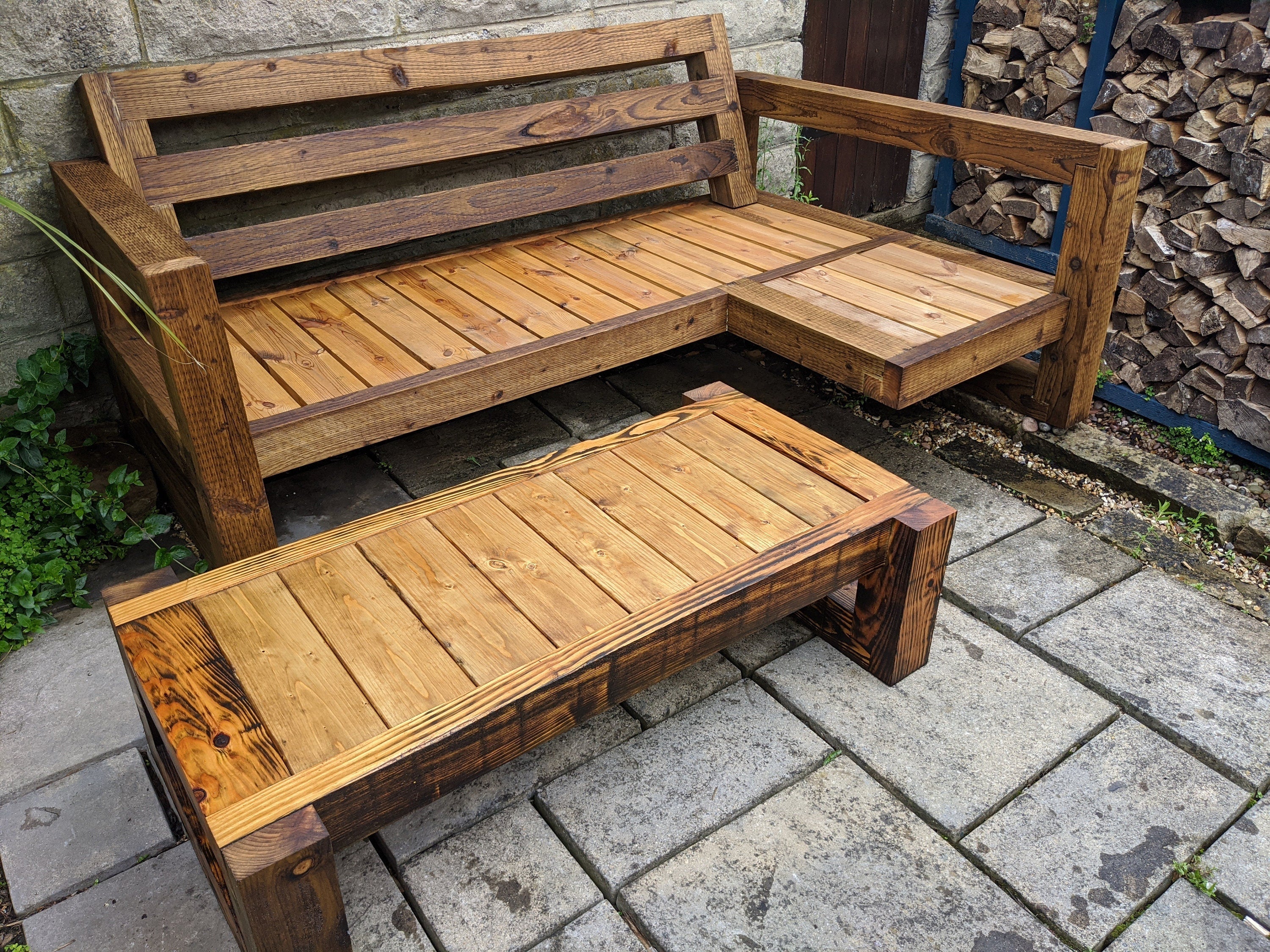 Solid Wood Garden Sofa 3 seat with foot rest & table - Image 5