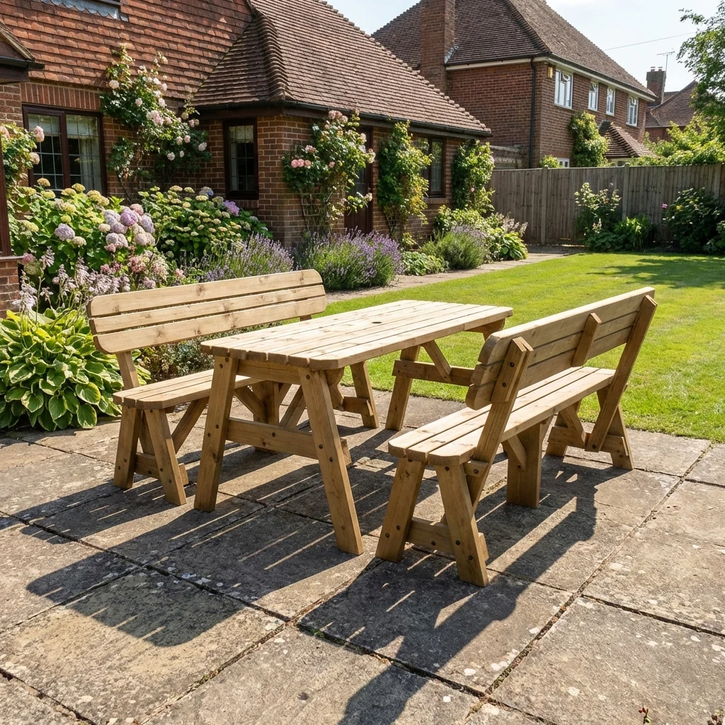 Victoria Rounded Picnic Table and Benches Set With Backrest - Rustic Finish - Image 3
