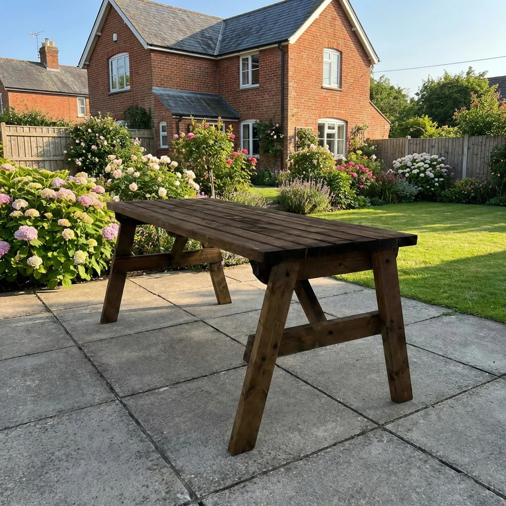 Victoria Wooden Garden Table, Outdoor Picnic Dining Desk - Rustic Finish - Image 3