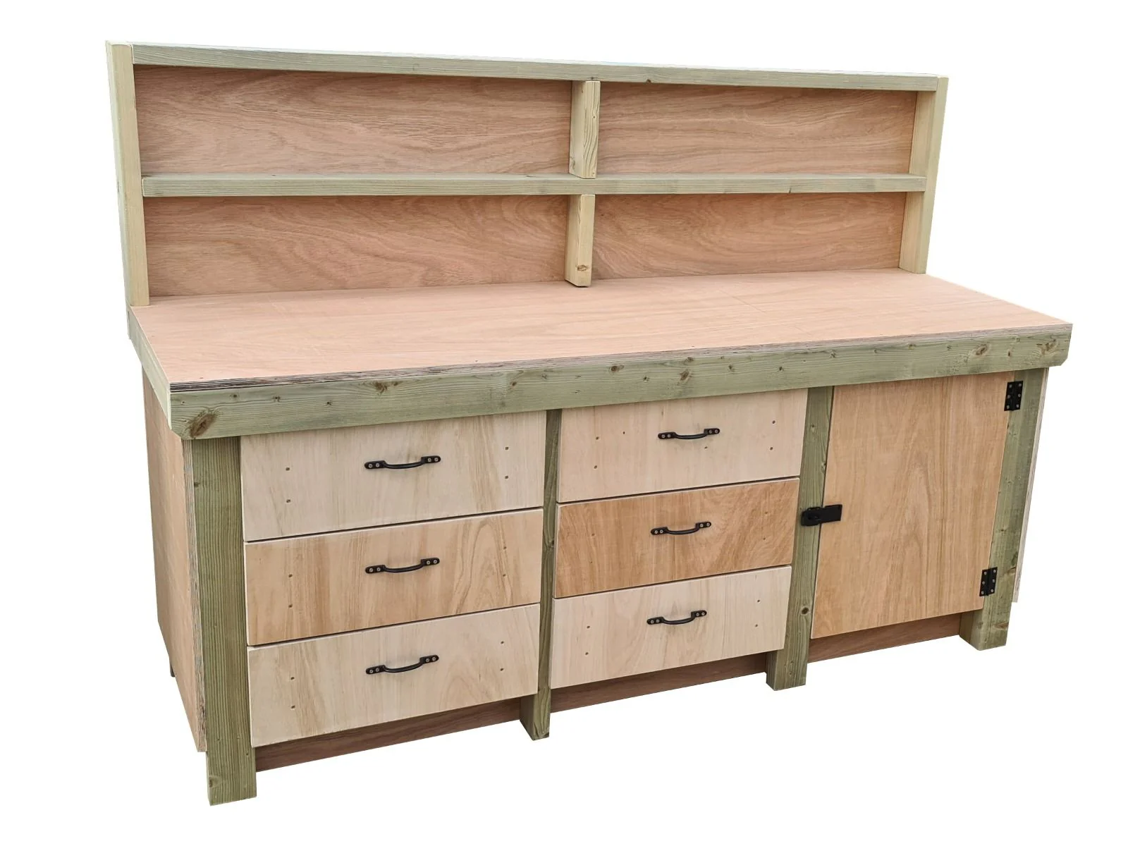 Wooden Eucalyptus hardwood top workbench, cabinet with lockable cupboard (V.3) with back