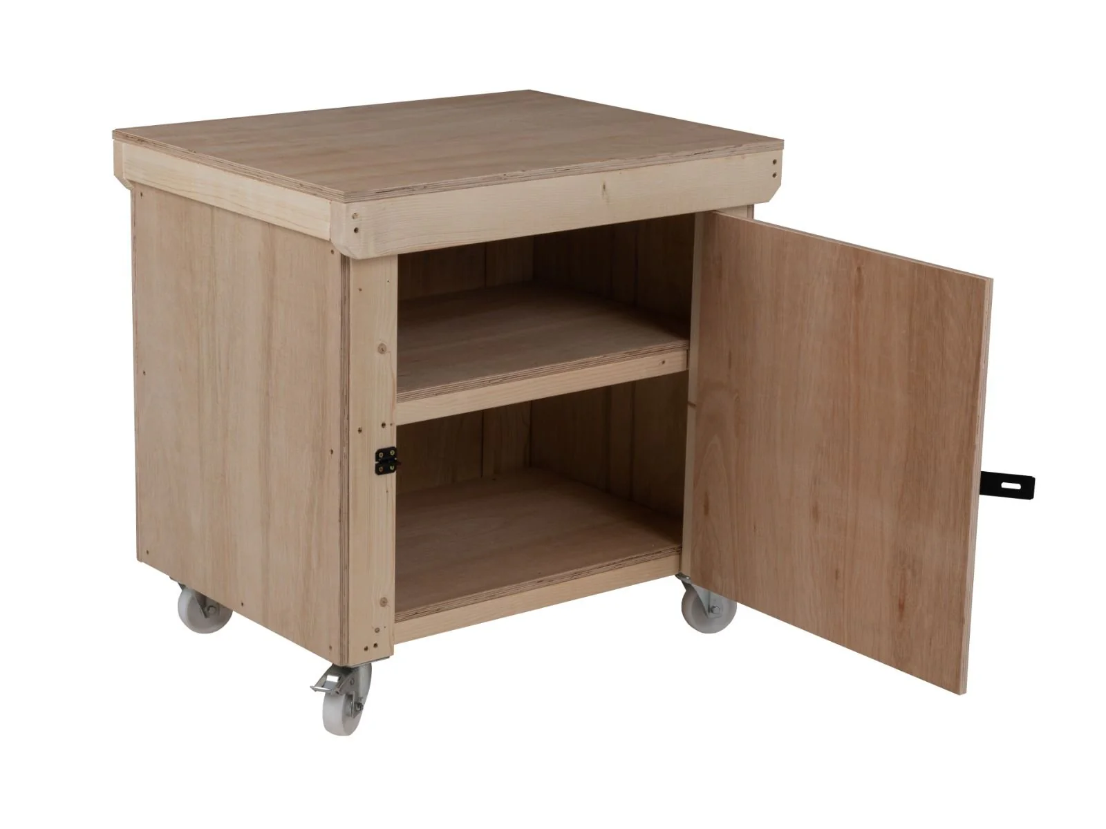 Wooden Eucalyptus hardwood top workbench with lockable cupboard (V.9) double shelf and wheels - Image 3