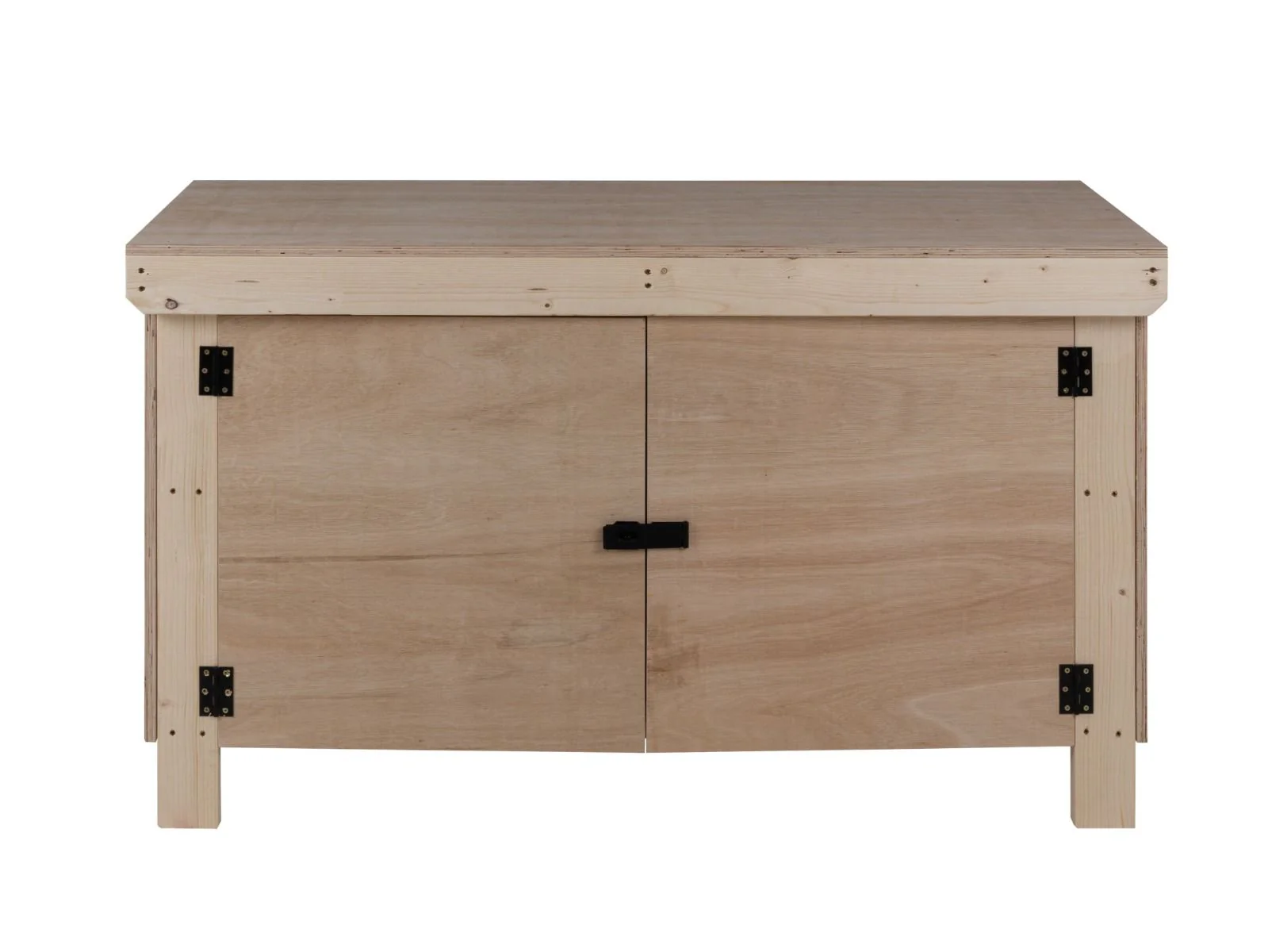 Wooden Eucalyptus hardwood top workbench with lockable cupboard (V.9) with double shelf
