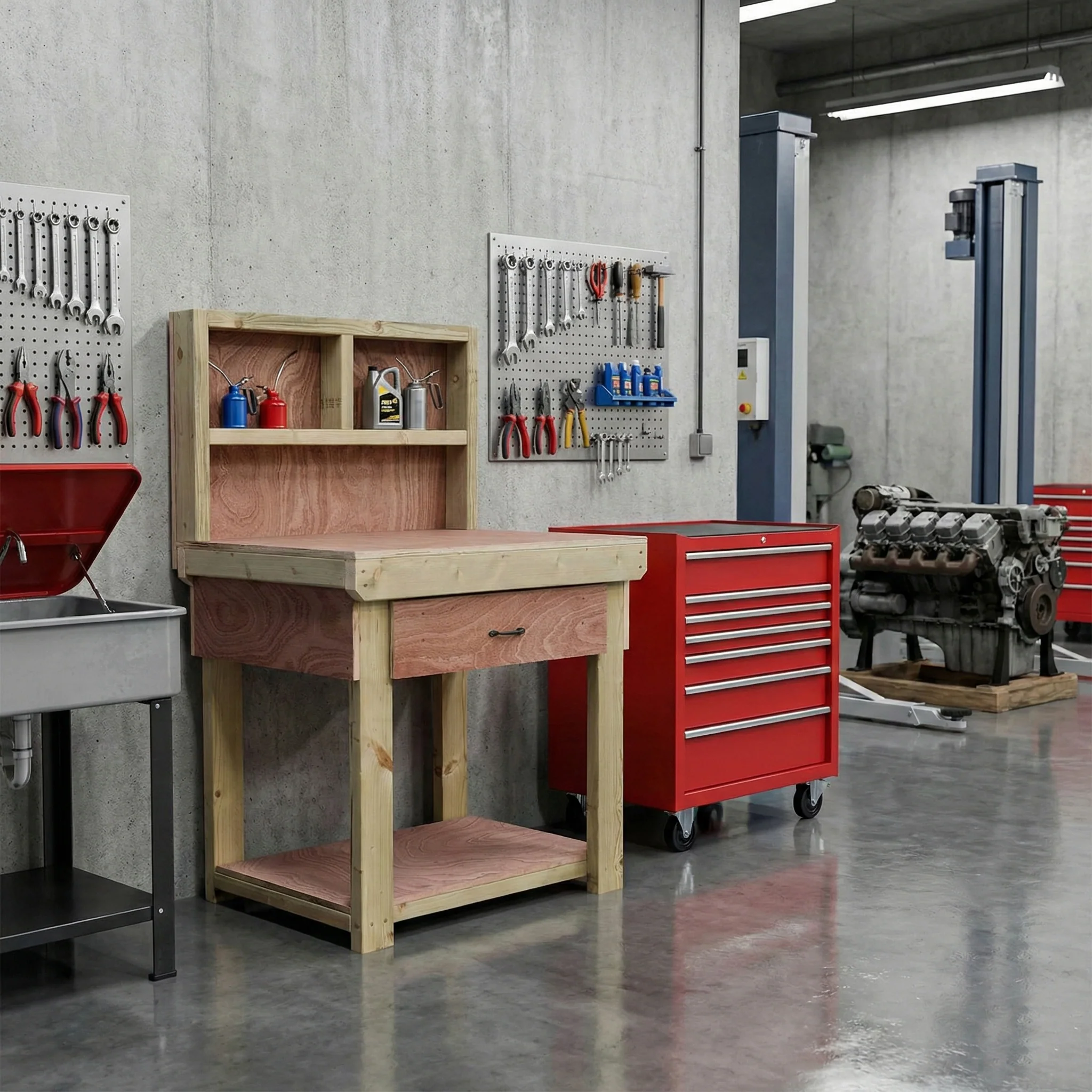 Wooden Eucalyptus hardwood workbench, tool cabinet with drawer (V.1) with back - Image 3