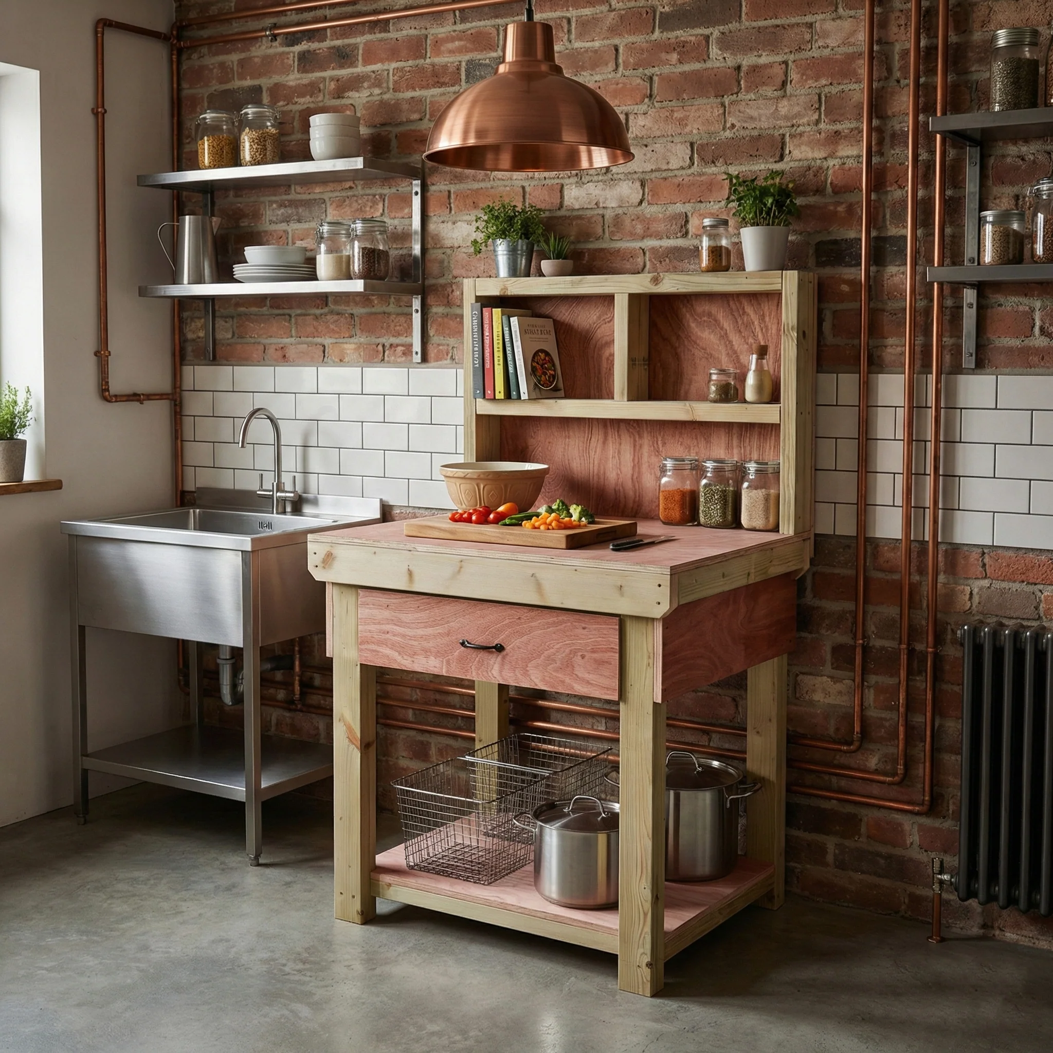 Wooden Eucalyptus hardwood workbench, tool cabinet with drawer (V.1) with back - Image 4