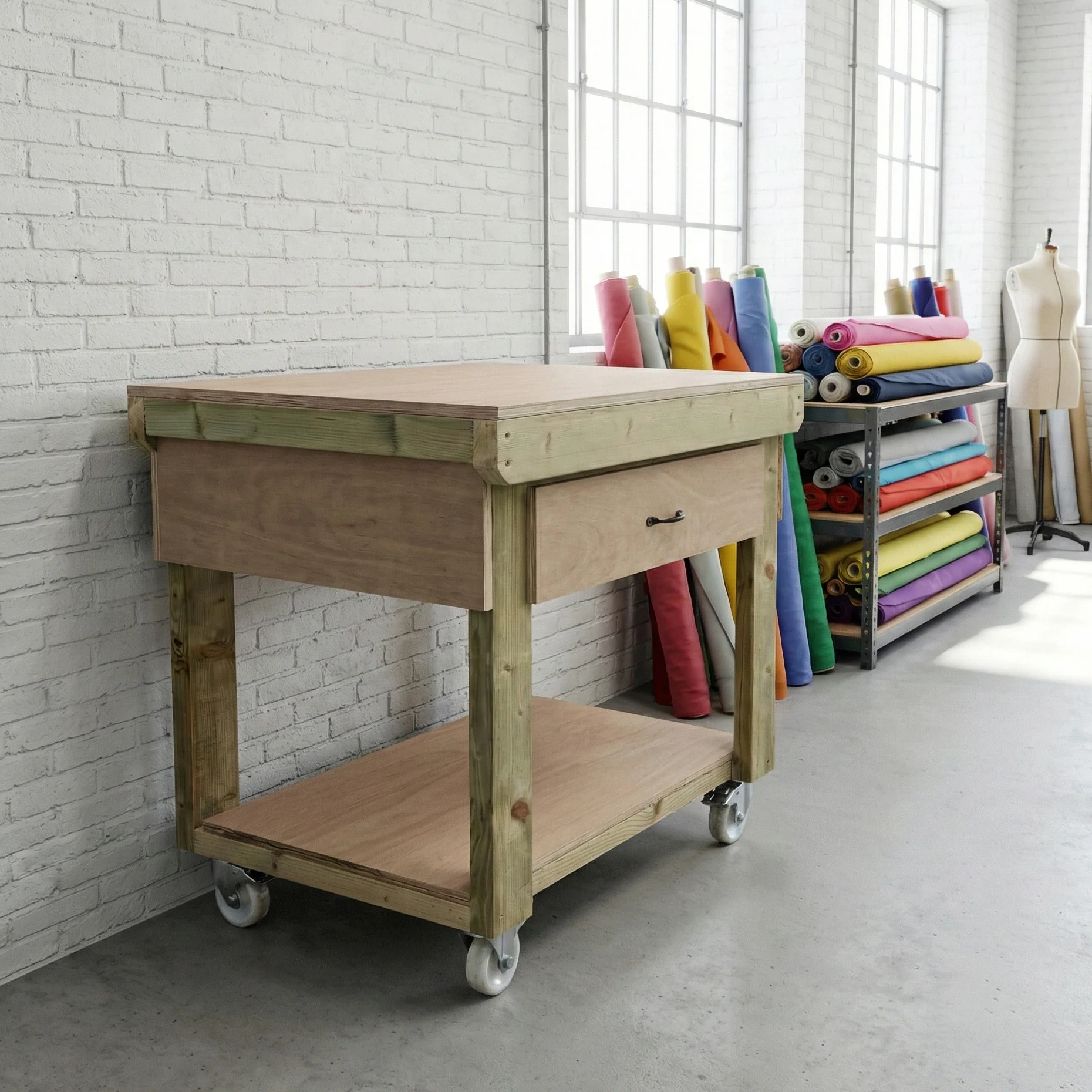 Wooden Eucalyptus hardwood workbench, tool cabinet with drawer (V.1) with wheels - Image 8
