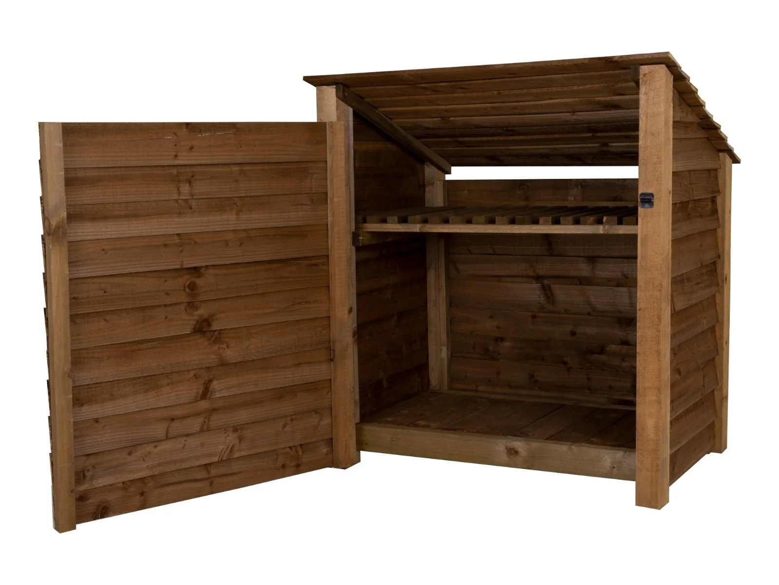 Wooden Garden Tool Storage with Shelf (Roof Sloping Back) W-119cm, H-126cm or 180cm, D-88cm - Brown Finish - Image 4