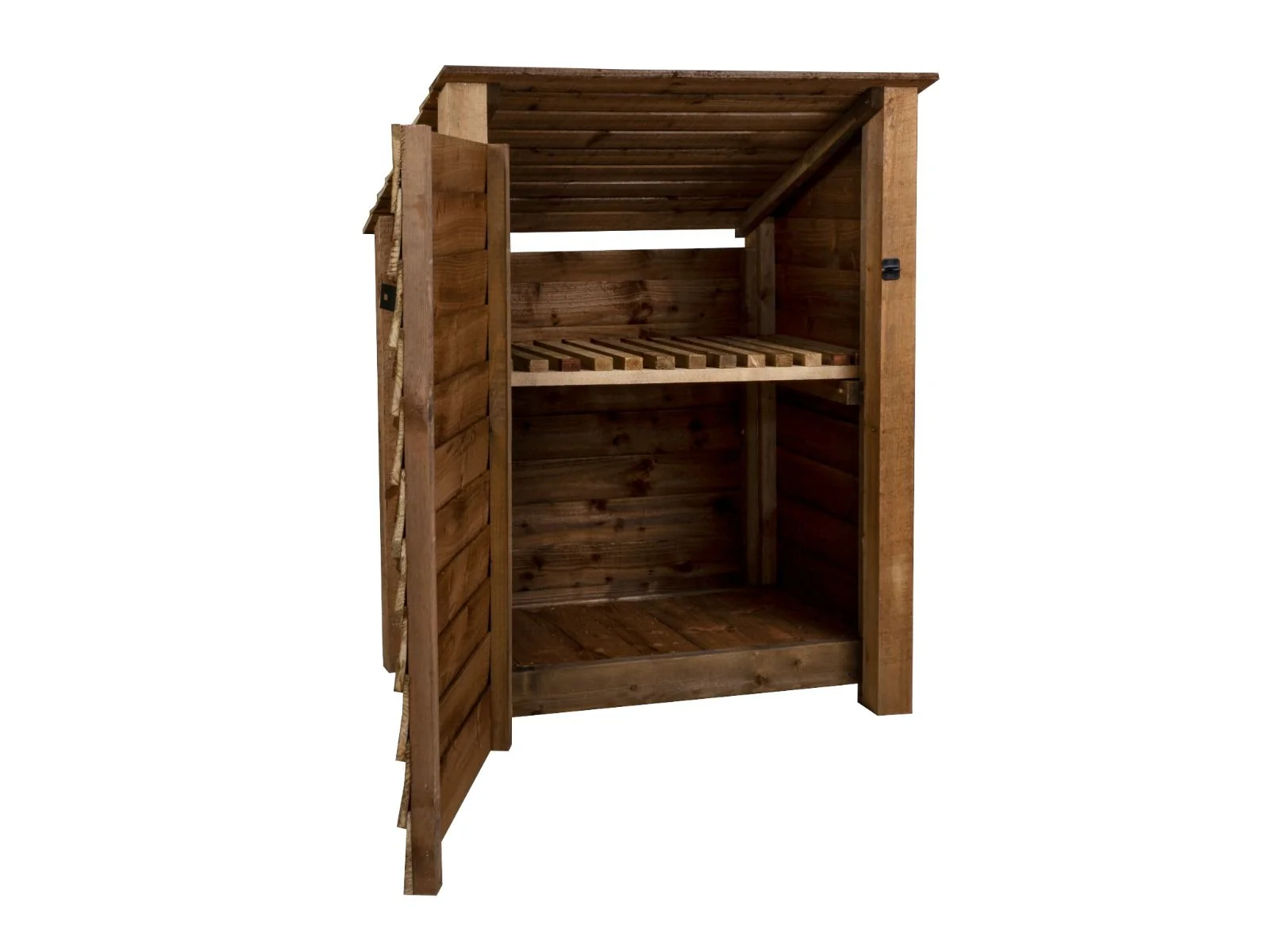 Wooden Garden Tool Storage with Shelf (Roof Sloping Back) W-99cm, H-126cm or 180cm, D-88cm - Brown Finish - Image 4